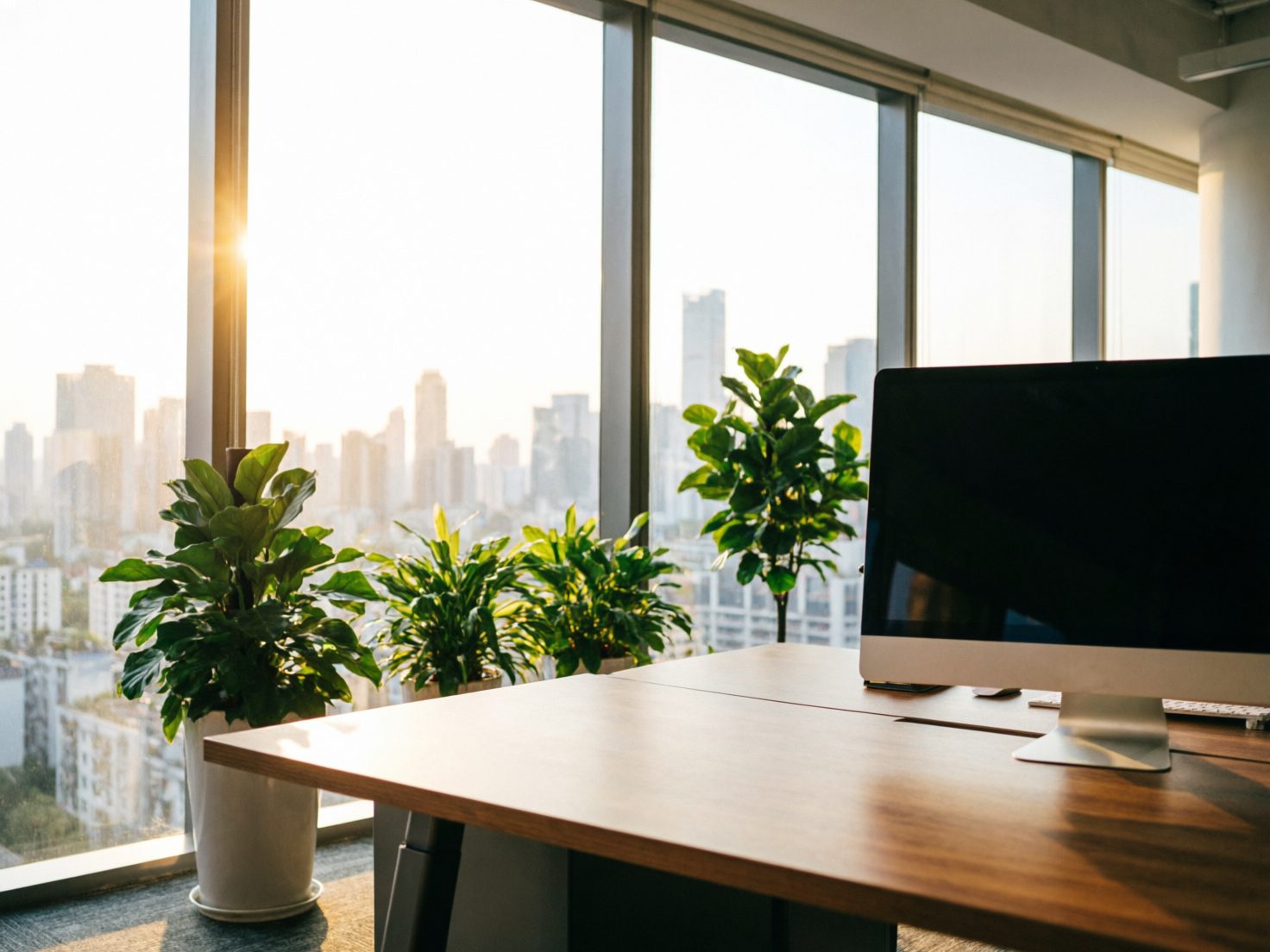 图中展现了一个充满现代感的办公室角落，阳光透过巨大的落地窗洒在木质办公桌上。画面前景是一张纹理清晰的浅棕色木桌，右侧摆放着一台银色底座的电脑显示器，屏幕漆黑。窗台边整齐排列着几盆翠绿的阔叶植物，在夕阳的照射下显得生机勃勃。背景是模糊的城市天际线，高楼林立，温暖的阳光从左侧窗框边缘溢出，营造出静谧的午后氛围。

然而，画面中存在明显的 AI 生成缺陷：首先，最右侧盆栽的支撑杆直接穿过了叶片，且其下方的花盆完全缺失，植物仿佛凭空悬浮在半空；其次，电脑显示器下方的键盘和鼠标形状扭曲，呈现出不规则的白色色块，缺乏真实的按键细节；最后，办公桌的边缘与窗框的衔接处存在透视异常，桌子左侧的支撑结构与地面接触的方式显得不够自然。