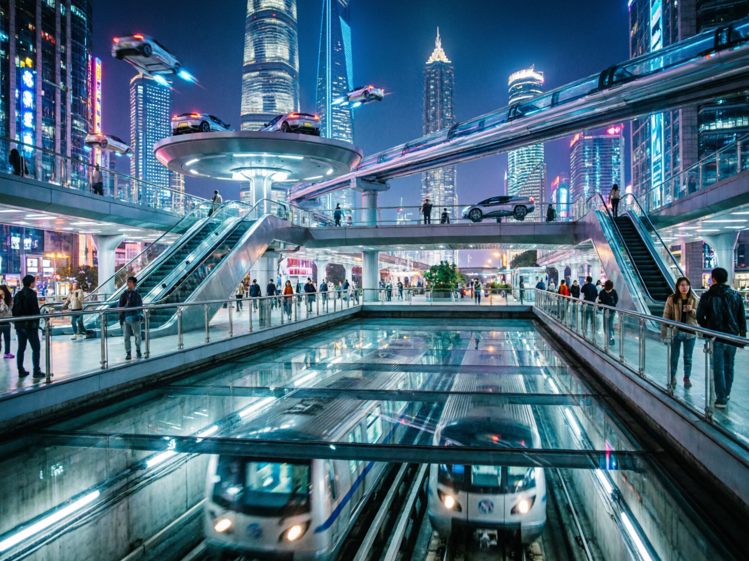 图中展现了一个充满科幻色彩的未来主义都市夜晚，背景是以上海陆家嘴为原型的摩天大楼群。画面构图层次丰富，底部是透明玻璃覆盖的地下轨道，两列银色地铁正疾驰而过；中部是纵横交错的人行天桥，许多行人正行走或搭乘扶梯；上方则有悬浮的飞行汽车在空中穿梭。整体色调以深蓝和亮白为主，点缀着霓虹灯的绚丽色彩。然而，画面中存在明显的 AI 生成缺陷：部分行人的肢体动作僵硬且比例失调，甚至与环境重叠；天桥上的飞行汽车停放位置逻辑混乱，有的半悬空在护栏边缘；背景建筑的窗户纹理模糊且不规则；最明显的错误在于右侧天桥上的一辆白色汽车，其轮廓与背景建筑发生了不自然的融合，且缺乏合理的支撑结构，显示出空间透视的逻辑错误。