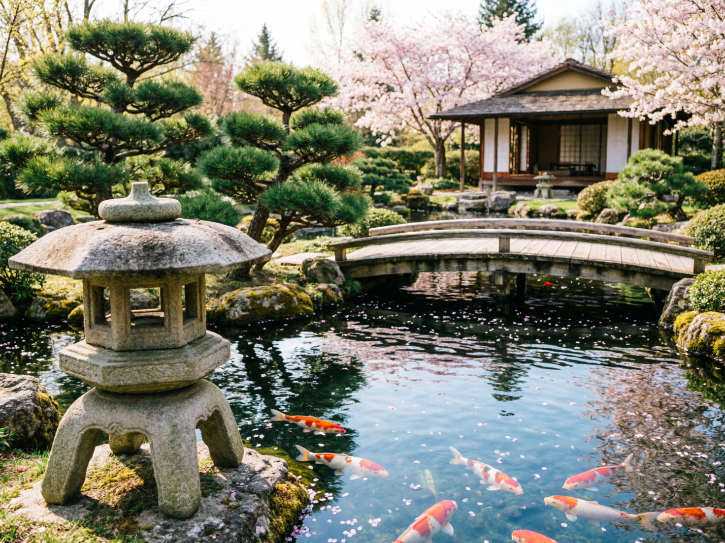 图中展现了一幅宁静的日式园林景观，阳光明媚，色彩清新。画面左前方矗立着一座古朴的石灯笼，其质感粗糙，带有青苔痕迹。中景是一池清澈的碧水，水面上漂浮着粉色的樱花瓣，几条红白相间的锦鲤正悠然游动。池塘上横跨着一座木质小拱桥，通向背景中一座传统的日式木屋，屋旁盛开着繁茂的粉色樱花树，与修剪整齐的松树交相辉映。

在 AI 生成的细节方面，存在一些明显的逻辑缺陷：画面右下角的几条锦鲤形态略显僵硬，部分鱼鳍与水面的融合不够自然，甚至有重叠感；木拱桥下方的支撑结构在透视上显得有些模糊，与水面的倒影衔接不够连贯。此外，远景处的树木枝叶在光影处理上显得过于细碎，缺乏真实的层次感。整体构图虽然优美，但部分植物的生长形态过于规整，带有明显的算法合成痕迹。
