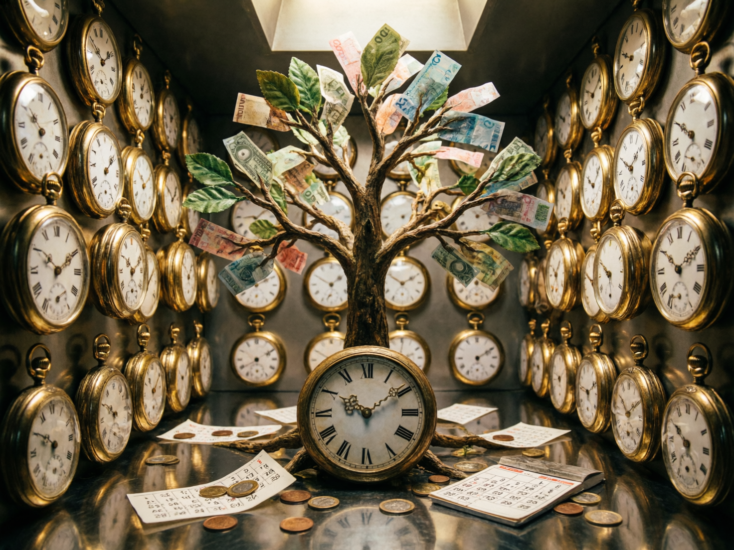 图中展示了一个充满超现实主义色彩的室内场景，核心是一棵从巨大怀表中生长出来的“金钱树”。画面中心，一个带有罗马数字刻度的金色大怀表平放在深色金属质感的地面上，树干从表盘中心破壳而出，枝头挂满了各种颜色的纸币和绿叶。背景的三面墙壁密密麻麻地挂满了大大小小的金色怀表，营造出一种时间流逝的压迫感。地面上散落着一些硬币和撕下的日历页，整体色调以古铜金和暗灰色为主，光线从上方投射，形成强烈的明暗对比。

作为 AI 生成的图像，画面存在明显的逻辑和细节缺陷：许多怀表的指针指向模糊且不合常理，部分表盘上的罗马数字排列混乱或相互重叠；树枝上挂着的纸币纹理模糊，无法辨认具体币种；背景中一些怀表的边缘与墙面融合得不够自然，透视关系略显生硬；地面上的日历页文字呈现为杂乱无章的符号，缺乏真实文字的结构。