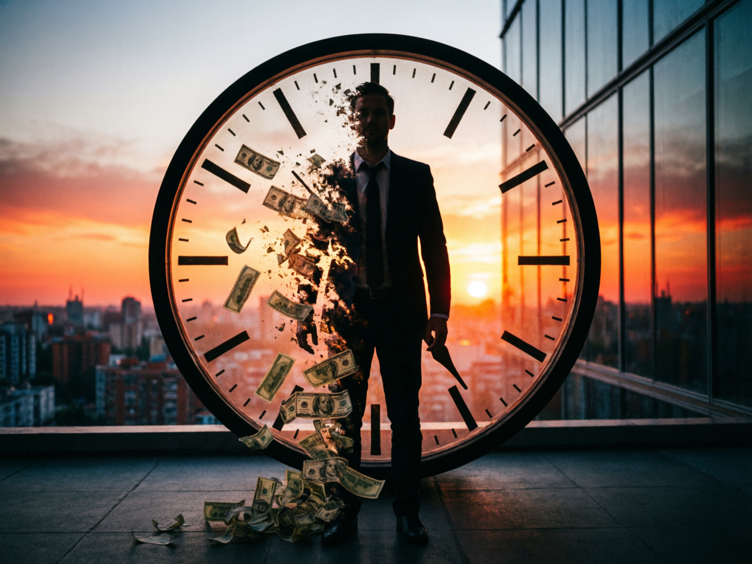 图中展示了一个富有超现实主义色彩的场景。在城市天台的绚烂日落背景下，一名身穿深色西装、系着领带的男子笔直站立。他的身后是一个巨大的圆形透明钟表，钟表的刻度清晰可见，但没有指针。男子的左半身正逐渐沙化瓦解，化作无数飞舞的美钞和碎屑飘落至地面，象征着时间与金钱的流逝。画面色调以温暖的橙红日落光辉与深沉的阴影对比为主，构图居中，极具视觉冲击力。在 AI 生成细节方面，存在明显的逻辑缺陷：男子的右手完全消失在钞票碎屑中，而左手下垂握着一个形状模糊、类似黑色尖锐物的不明物体，手指结构不清晰；钟表的刻度分布不均且缺乏逻辑，部分刻度线长短不一；地面上的美钞纹理模糊，且与男子身体瓦解的衔接处显得不够自然。