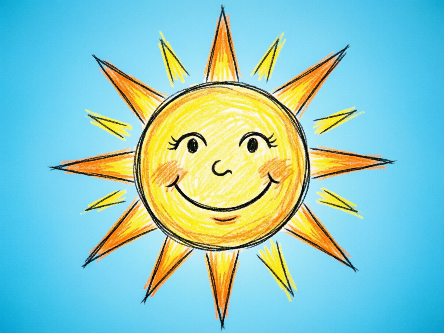 图中展示了一幅模仿儿童蜡笔手绘风格的太阳插画。画面中心是一个明黄色的圆形太阳，背景是纯净的浅蓝色。太阳长着一张拟人化的笑脸，有着黑色的弯眉毛、带睫毛的圆眼睛、小巧的鼻子和一道宽宽的弧形微笑，脸颊两侧还涂有淡淡的橙红色红晕。太阳四周放射出许多三角形的光芒，这些光芒交替使用橙色和黄色填充，并带有粗犷的黑色勾边，整体色调明亮、温暖且充满童趣。

作为 AI 生成的图像，画面中存在一些逻辑上的不一致：太阳的光芒排布并不均匀，三角形的大小和间距显得随意；在主要的长光芒之间，零散地分布着一些细小的黄色短线条，这些元素看起来像是未完成的笔触或漂浮的碎片。此外，太阳边缘的黑色轮廓线在多处出现了重叠和断裂，呈现出一种非人工绘画的机械凌乱感，这在模仿手绘风格时显得不够自然。