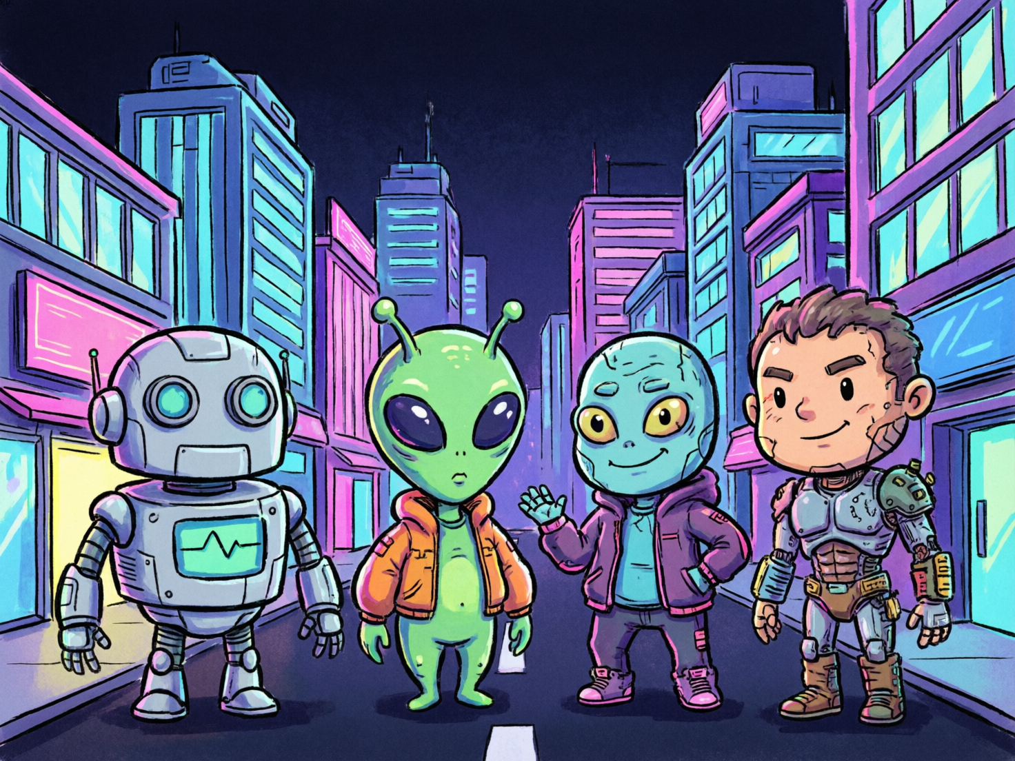 图中展示了一幅色彩鲜艳的卡通风格插画，背景是充满赛博朋克气息的城市街道。画面中央并排站立着四个Q版角色：最左侧是一个圆滚滚的灰色机器人，胸前闪烁着绿色的波形图；紧挨着它的是一个绿色皮肤、大眼睛的经典外星人，穿着橙色夹克；右侧是一位蓝色皮肤、面带微笑的小外星人，穿着紫色卫衣并挥手致意；最右侧则是一个穿着未来感机甲的棕发人类男孩。背景建筑以深蓝色、紫色和亮粉色为主，营造出夜晚霓虹闪烁的氛围。

在 AI 生成细节方面，画面存在一些明显的逻辑缺陷：最右侧人类角色的左手手指结构模糊且数量异常，机甲的零件分布也显得左右不对称；中间蓝色外星人挥动的手掌只有四根手指，且形状略显僵硬；背景建筑的窗户线条和透视关系在远景处变得有些扭曲，部分霓虹灯牌上缺乏具体的文字或图案，仅以色块代替。整体构图虽然活泼，但角色与地面的阴影处理不够自然。