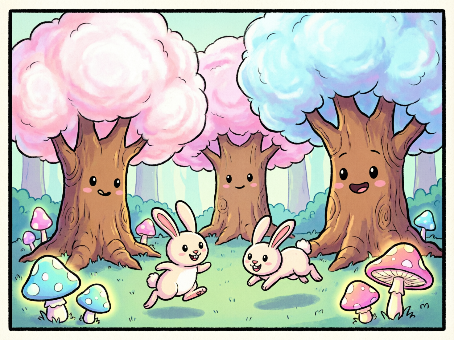 画面中展示了一个充满童话色彩的梦幻森林，整体采用柔和的马卡龙色调和可爱的卡通绘本风格。构图中心是两只正在草地上欢快奔跑的小白兔，它们有着圆滚滚的身材和红扑扑的脸蛋。背景中有三棵巨大的拟人化树木，树干上长着可爱的笑脸，树冠则像棉花糖一样蓬松，左侧两棵为粉色，右侧一棵为天蓝色。地面上散落着几朵发光的彩色蘑菇，呈现出淡蓝和粉红的色泽。

作为 AI 生成的图像，画面存在一些逻辑和细节上的缺陷：右侧奔跑的小兔子的后腿线条模糊，与身体的连接显得不够自然，且其阴影形状与身体动作不完全匹配；最右侧大树的树根部分与草地的融合略显生硬，左侧树干上的笑脸位置略微偏低，不符合常规比例。此外，背景中远处的树木线条较为简化，与前景的精细程度存在断层感。