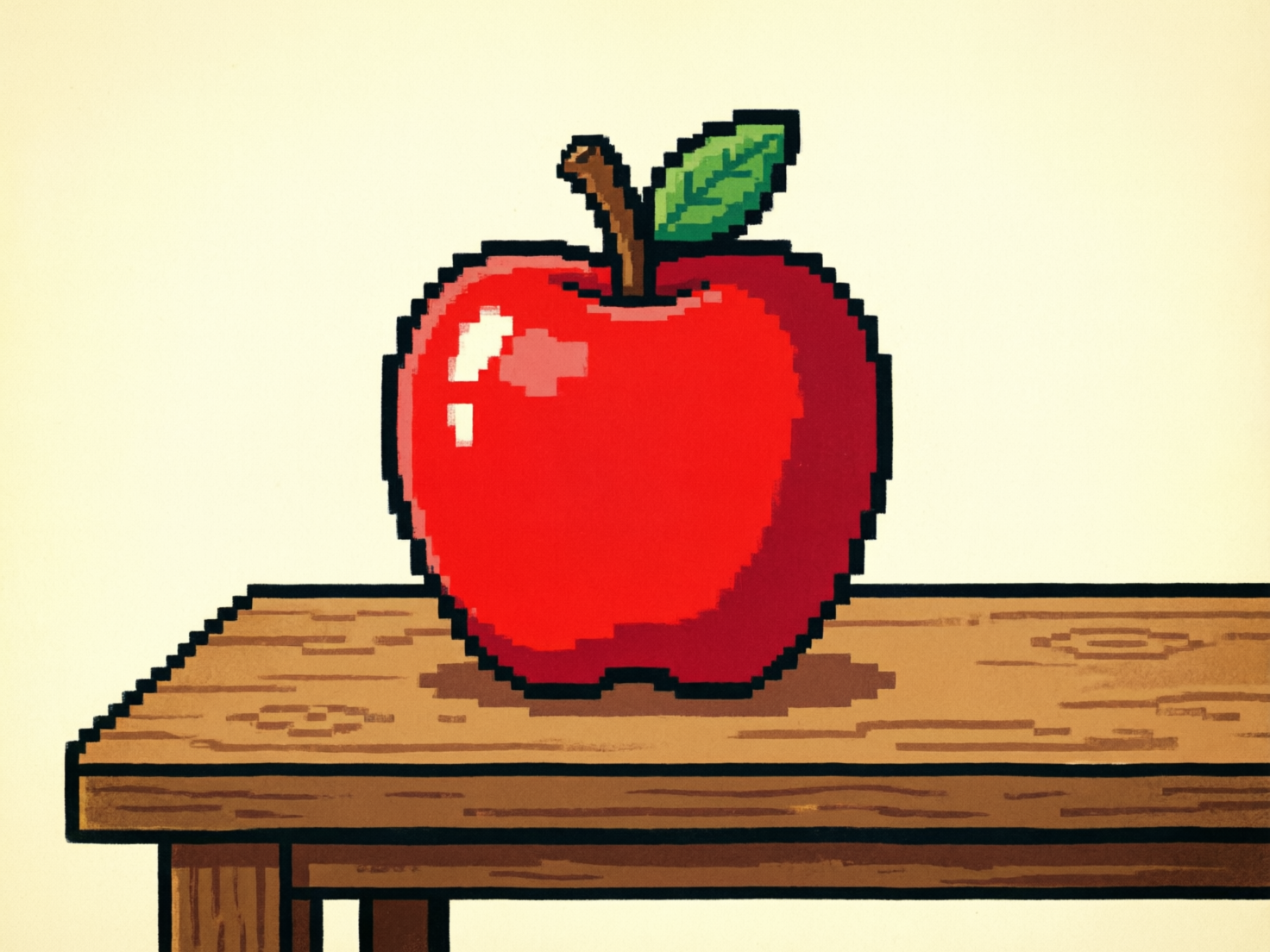 图中展示了一个采用像素画风格创作的红苹果，它静止地放置在木质桌面的中央。苹果呈现出鲜艳的红色，左侧带有白色的高光色块，顶部有一根棕色的果柄和一片带有锯齿边缘的绿叶。苹果的轮廓由粗重的黑色像素线条勾勒，整体造型圆润。下方的木桌呈现出温暖的棕褐色，带有简单的木纹肌理，苹果下方还有一小块深色的阴影。背景是干净的米白色，营造出一种复古电子游戏的视觉感。在 AI 生成的细节方面，存在明显的逻辑矛盾：苹果本身采用了严格的像素化边缘，但它下方的木桌和背景却呈现出平滑的绘画笔触，两种艺术风格在交界处融合得不够自然。此外，桌子左侧的边缘线条不够平直，像素阶梯的分布显得有些随意，不如传统像素艺术那样严谨对称。