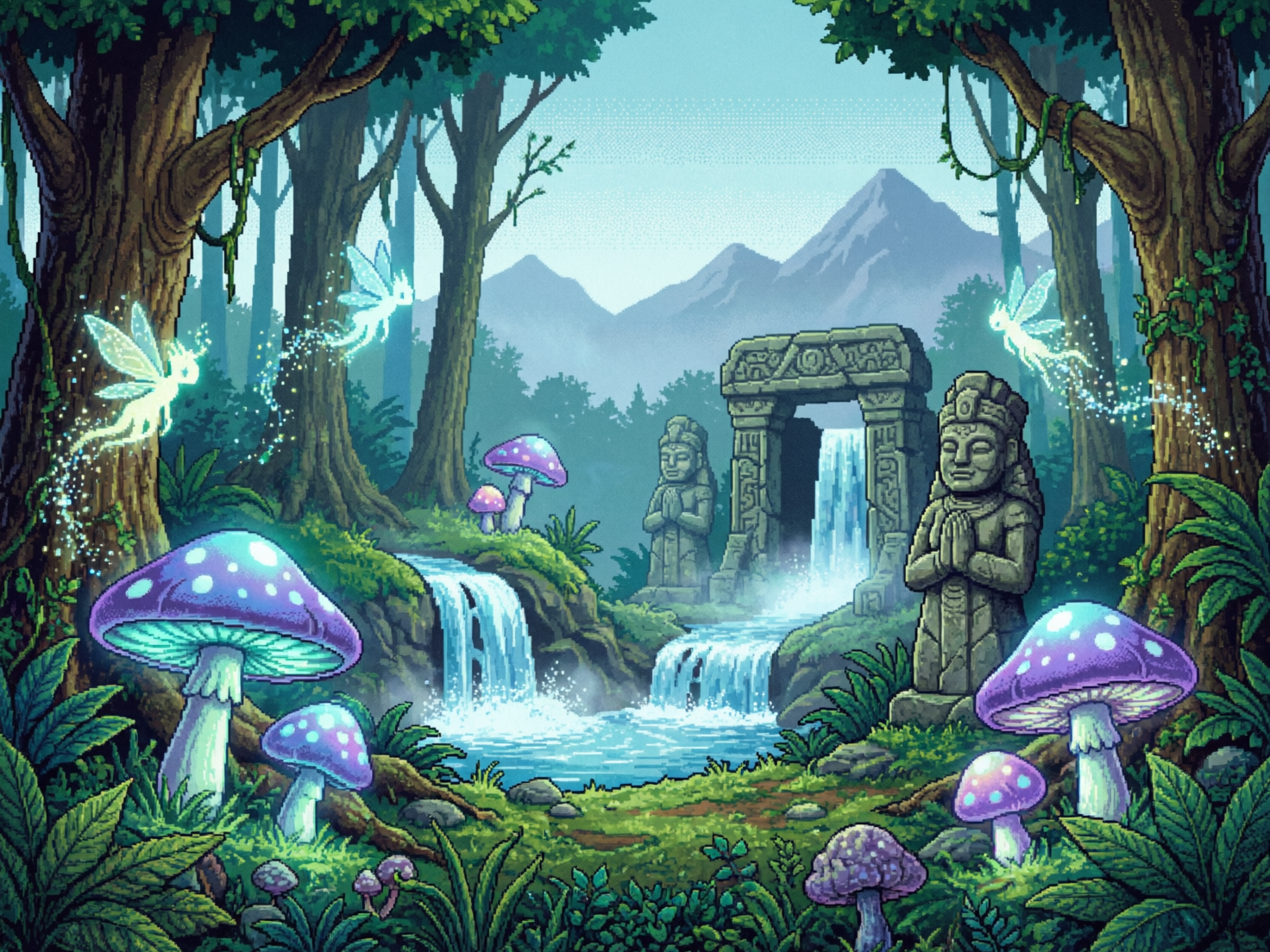 画面中呈现了一幅色彩鲜艳的像素风格奇幻森林景观。构图以中心的小溪和瀑布为核心，四周环绕着茂密的翠绿树木和巨大的紫色发光蘑菇。背景是淡蓝色的远山，几只发光的半透明小精灵在林间飞舞，拖着点点星光。画面右侧矗立着两尊带有玛雅或阿兹特克风格的石像，它们双手合十，神情肃穆，石像旁还有一个古老的石门，清澈的泉水从中倾泻而下。整体色调以生机勃勃的绿色、深邃的紫色和清爽的蓝色为主，营造出一种神秘而宁静的游戏场景氛围。

在 AI 生成的细节方面，存在一些逻辑和透视上的瑕疵：画面中央的石门结构不符合物理常识，瀑布似乎凭空从石梁后方流出，缺乏合理的水源支撑；左侧树干上的藤蔓纹理略显混乱，与树皮的结合不够自然；此外，部分像素颗粒的分布在明暗交界处显得有些破碎，导致物体的边缘轮廓在放大观察时略显模糊。