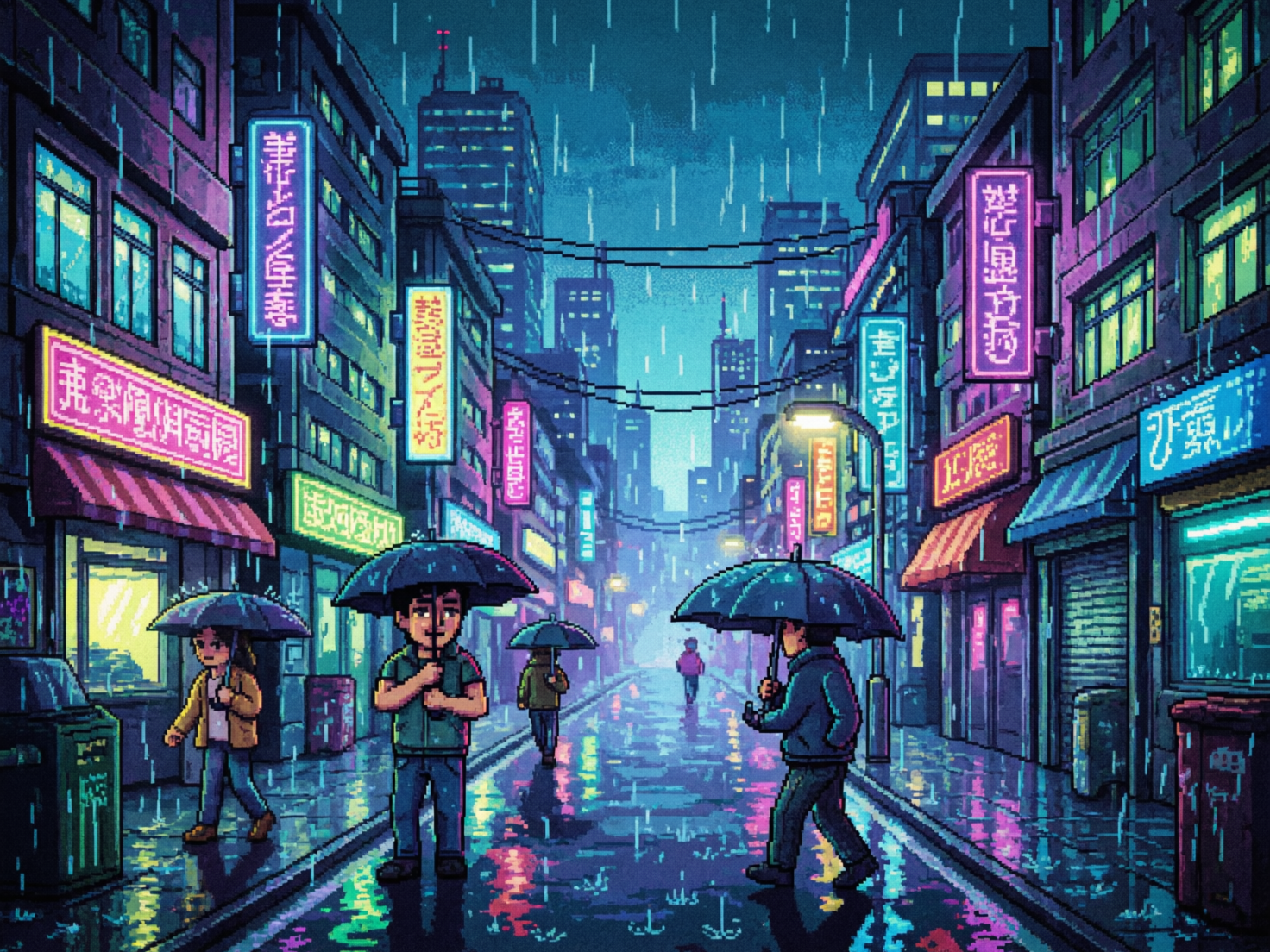 画面中展现了一个充满赛博朋克风格的雨夜都市街景，采用了复古的像素艺术风格。街道两旁高楼林立，挂满了粉色、蓝色、黄色和紫色的霓虹灯招牌，五彩斑斓的光影倒映在湿漉漉的地面上。天空中下着细密的雨，色调以深蓝和青色为主。几名行人正撑着黑色的雨伞在街上行走，构图呈现出一种向中心延伸的透视感。

作为 AI 生成的图像，画面存在明显的逻辑缺陷：首先，所有霓虹灯招牌上的文字均为乱码，虽然看起来像汉字或日文，但实际上无法辨认，属于无效字符。其次，人物的细节处理较为模糊，尤其是左侧男子的手部抓握雨伞的动作显得生硬且结构异常。此外，背景中的电线在空中交错，但其连接点与建筑物的逻辑关系并不清晰，部分线条在空中凭空消失或重叠，体现了 AI 在处理复杂几何结构时的局限性。