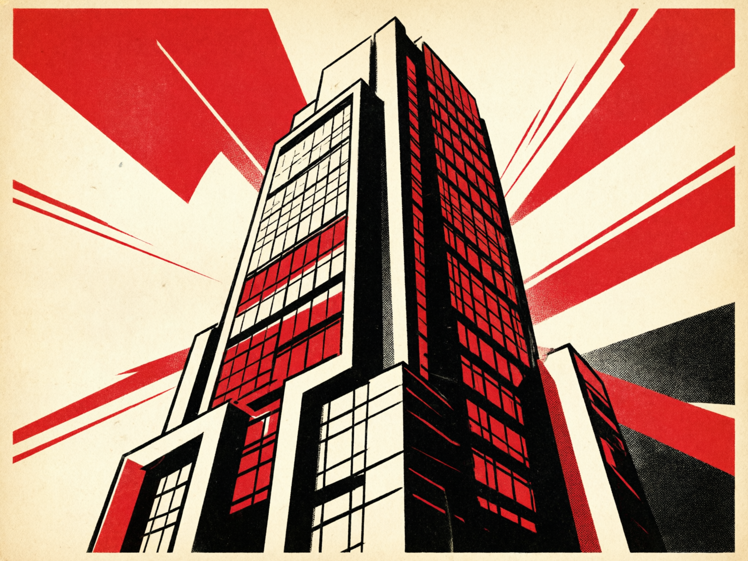图中展现了一幅具有强烈视觉冲击力的波普艺术风格插画。画面的主体是一座采用仰视透视角度描绘的高耸现代摩天大楼，建筑由硬朗的黑色线条勾勒，呈现出层叠递进的几何结构。色彩方案简洁而大胆，仅使用了红、黑、米白三种颜色，背景布满了向四周放射状扩散的红色色块和线条，营造出一种动态的爆发感。大楼的窗户部分被填充为鲜艳的红色，与黑色的建筑主体形成鲜明对比。画面整体带有复古的海报质感，表面覆盖着细微的颗粒纹理。在 AI 生成的细节方面，可以观察到建筑左侧的窗格线条分布不均，部分横线出现了断裂或粗细不一的情况；背景右下角的黑色阴影区域与红色放射线的衔接显得有些生硬，缺乏自然的透视逻辑，且部分线条在交汇处出现了模糊的重叠现象。