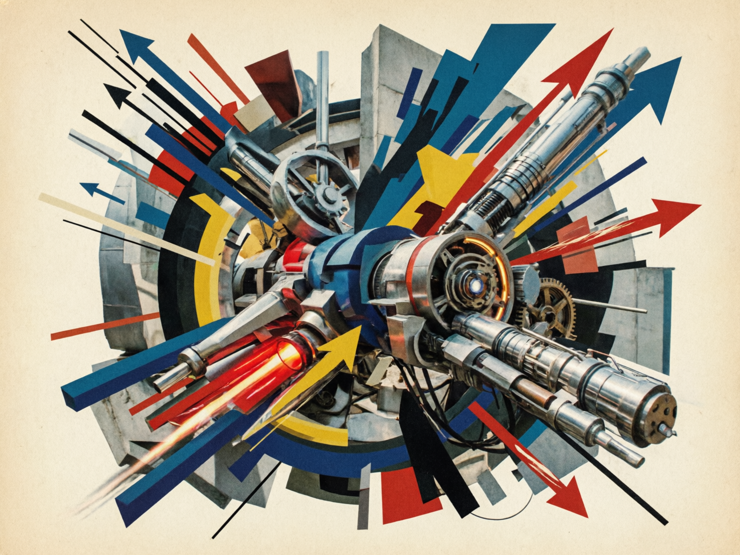 图中展示了一幅结合了工业机械感与几何抽象艺术的拼贴画。画面中心是一个复杂的金属机械装置，由齿轮、活塞、管道和带有发光元件的精密零件组成，呈现出冷峻的银灰色调。以此为核心，大量鲜艳的红、蓝、黄、黑四色几何图形和箭头向四周呈放射状迸发，营造出强烈的动感和能量爆发的视觉效果。背景是带有复古质感的米白色纸张纹理，衬托出前景色彩的饱和度。

画面中存在明显的 AI 生成缺陷：机械结构的逻辑较为混乱，许多金属部件在连接处显得模糊或不合理，例如右侧延伸出的炮筒状物体缺乏明确的支撑点；部分箭头和色块的边缘与机械零件重叠时，透视关系显得生硬且不自然，缺乏真实物理空间的深度感。整体构图虽然极具视觉冲击力，但细节处的机械构造并不符合实际工程逻辑。