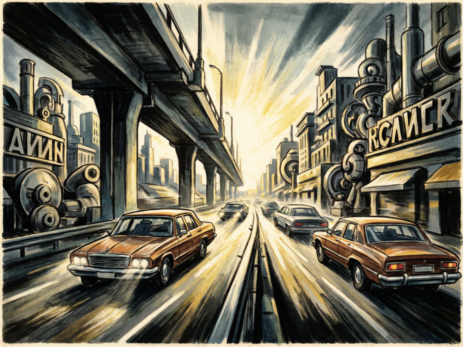 图中展现了一幅具有复古未来主义风格的都市街景，采用了类似水彩或马克笔的手绘笔触。画面中心是一条宽阔的多车道公路，几辆老式轿车正迎着地平线处耀眼的金色夕阳行驶。左侧上方横跨着巨大的混凝土高架桥，右侧则是密集的工业化建筑，带有粗大的管道和齿轮装饰。整体色调以沉稳的灰蓝色、土黄色和明亮的橙黄为主，光影对比强烈，营造出一种忙碌而略显压抑的工业时代氛围。在 AI 生成的细节方面存在明显缺陷：两侧建筑上的文字，如左侧的“AWIN”和右侧的“KCAICK”，均为无意义且扭曲的字母组合；路面上的车道线透视逻辑混乱，在画面中央汇聚成了一束杂乱的光影，而非真实的道路标线；此外，部分车辆的轮廓与背景建筑的边缘衔接生硬，缺乏合理的空间深度感。