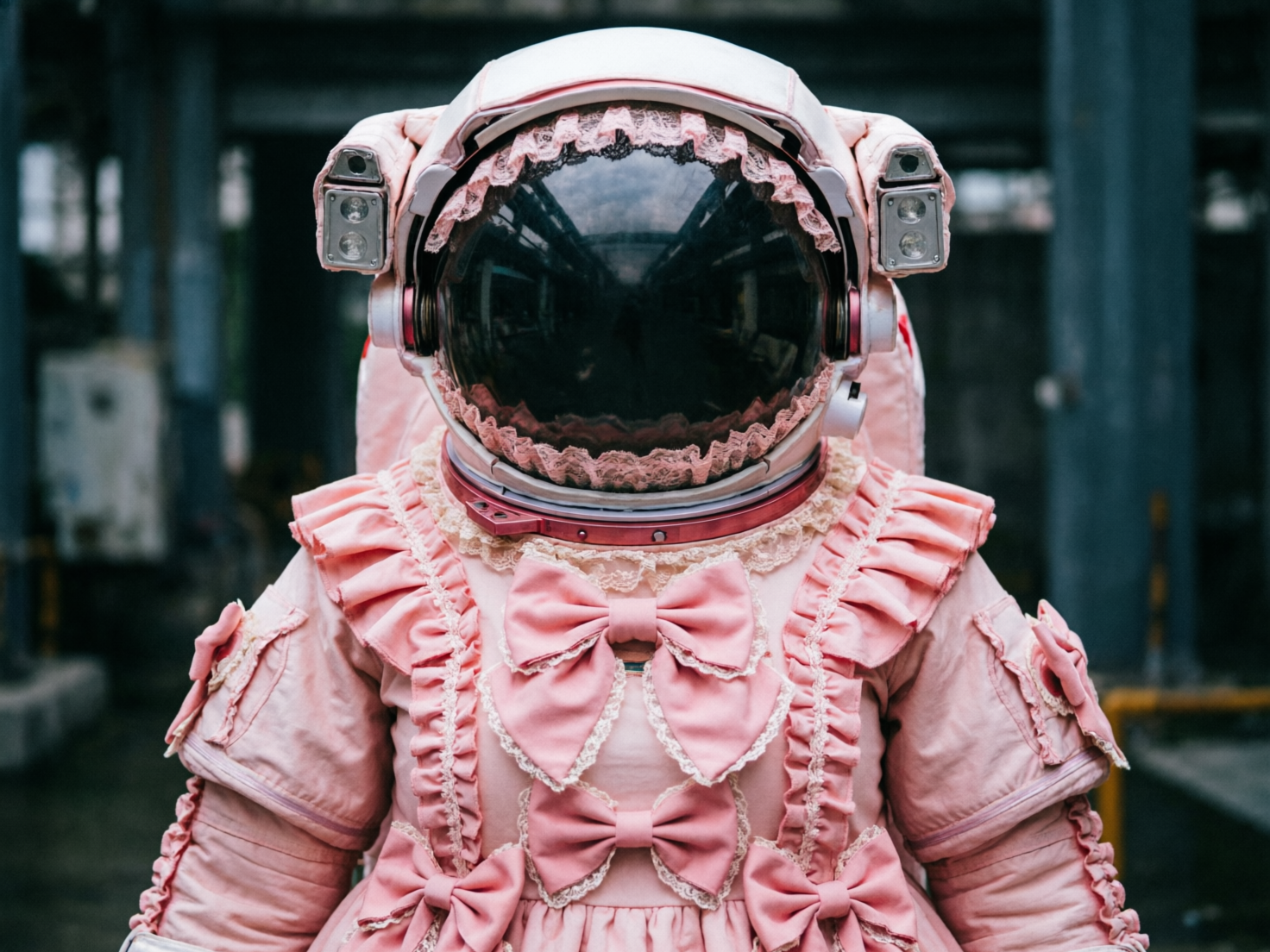 图中展示了一位身着奇特粉色宇航服的人物，背景似乎是一个昏暗且略显破旧的工业废墟。这套宇航服融合了硬核航天装备与甜美洛丽塔风格：头盔是标准的白色航天头盔，但面罩边缘镶嵌了一圈精致的粉色蕾丝花边；下方的躯干部分则完全由粉色绸缎材质构成，装饰有大量的褶边、蕾丝和数个硕大的蝴蝶结。头盔两侧安装有类似探照灯的方形设备，黑色面罩反射出周围模糊的环境。画面构图为正面半身特写，色彩对比鲜明，粉嫩的服装与冰冷的工业背景形成强烈反差。作为 AI 生成的图像，其缺陷在于头盔两侧的灯具结构不对称，且左侧灯具的内部零件显得模糊混乱；此外，衣服上的蕾丝纹理在细节处略显生硬，部分褶皱的物理垂感不够自然，呈现出一种超现实的拼贴感。