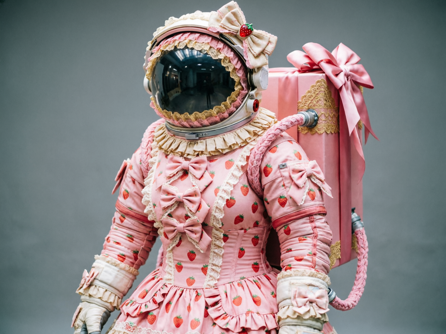 图中展示了一位身着极具创意且风格独特的“洛丽塔”风航天服的宇航员，背景为纯净的浅灰色，构图居中。这套航天服以粉红色为主基调，布满了红色的草莓图案，并装饰有大量的蕾丝花边、褶边和粉色蝴蝶结，将硬核科技与甜美少女感巧妙融合。宇航员头戴带黑色面罩的头盔，头盔边缘围了一圈蕾丝，顶部还缀有一个硕大的草莓蝴蝶结。背后的生命保障系统被设计成一个巨大的粉色礼盒，上面系着精致的丝绸蝴蝶结。

画面呈现出明显的 AI 生成特征与逻辑缺陷：首先，航天服的材质看起来更像棉布而非耐压材料，且多处蕾丝与金属部件的连接处显得生硬、不符合物理逻辑。其次，宇航员左侧（画面右侧）连接背包的粉色编织导管末端直接消失在空气中，没有合理的接口。此外，手套部分的褶皱过于杂乱，缺乏真实的结构感，整体光影虽然柔和，但部分蕾丝纹理在放大后显得模糊且重复。