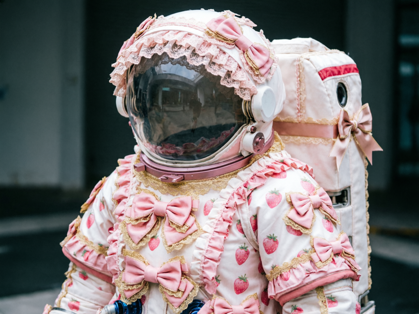 图中展示了一名穿着极具装饰性的“洛丽塔”风格宇航服的人物上半身特写。这套宇航服以乳白色为底色，布满了粉红色的草莓印花，并点缀着大量精致的粉色蝴蝶结、蕾丝花边和褶边，打破了传统航天装备的冰冷感。头盔边缘围了一圈粉色蕾丝，顶端装饰着蝴蝶结，透明面罩反射出模糊的室内环境。背后的生命维持系统背包同样被装饰成粉色礼盒的样子，带有缎带和蝴蝶结。整体色调柔和温馨，构图居中，背景是模糊的灰色街道，形成了强烈的视觉对比。作为 AI 生成的图像，画面存在一些逻辑缺陷：头盔面罩边缘的蕾丝衔接略显生硬，缺乏真实的物理结构支撑；宇航服胸前的多个蝴蝶结排列过于密集且形状略有扭曲；背包侧面的金属孔洞与布料纹理的融合不够自然，呈现出一种超现实的拼贴感。