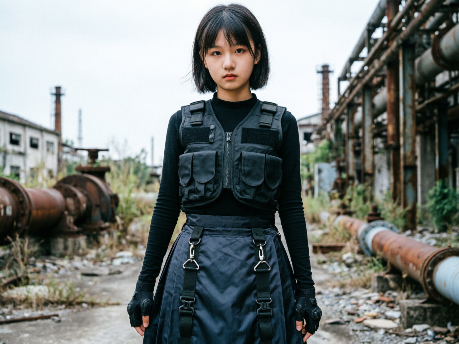 图中展示了一位留着黑色短发、齐刘海的年轻亚洲女性，她正站在一片荒废的工业遗址中央。她神情冷峻，直视镜头，身穿全黑色的机能风服饰，包括一件紧身长袖打底衫、一件带有多个口袋的战术背心，以及一条点缀着金属扣环和织带的黑色半身裙。背景是破旧的工厂厂房，随处可见锈迹斑斑的大型金属管道、废弃的烟囱和杂草丛生的碎石地，整体色调偏冷且带有灰暗的工业质感。

在 AI 生成的细节方面，画面存在几处明显的逻辑缺陷：首先是人物的手部处理异常，双手佩戴的露指手套与手指的连接处显得模糊且结构生硬，指尖的形状不够自然；其次，战术背心上的拉链和扣具细节在放大后显得左右不对称，部分缝合线纹理出现了扭曲；此外，背景中右侧的金属管道在透视上略显违和，与支撑结构的衔接处缺乏真实的物理逻辑。