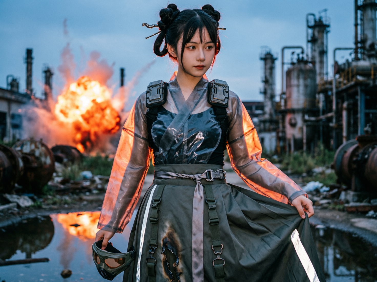 图中展示了一位身处废弃工业区背景下的年轻女性。她梳着精致的双丸子头，插着发簪，面容清秀。她穿着一套融合了古风与赛博朋克风格的服装：外层是透明质感的长袖罩衫，内搭黑色抹胸，下身是墨绿色的机能风长裙，裙摆处有明显的烧焦破洞和反光条。她右手提着一副战术护目镜，左手轻拉裙摆。背景是昏暗的化工厂遗址，左后方正发生剧烈的爆炸，火光冲天并倒映在地面水洼中。画面色调以冷蓝与暖橘火光形成强烈对比。

在 AI 生成缺陷方面，最明显的是人物的左手：手指线条模糊且扭曲，指节数量异常，指尖与裙摆的接触显得不自然。此外，她右肩上的战术背带结构含糊，与透明罩衫的交界处缺乏真实的物理穿透感。背景中的爆炸火光虽然绚丽，但其光影对人物边缘的照射过于均匀，缺乏真实的遮蔽阴影，整体构图呈现出一种超现实的拼贴感。