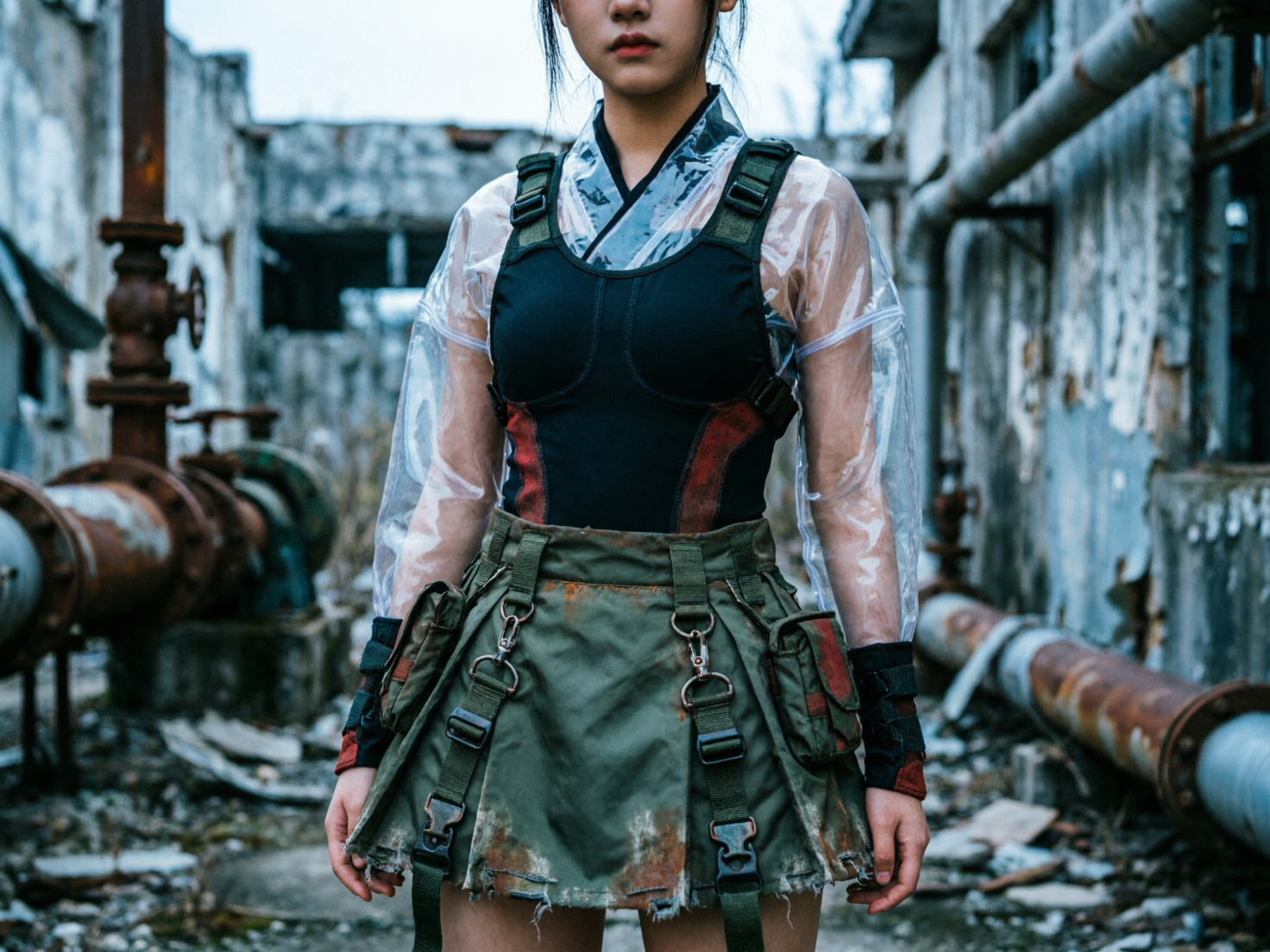 图中展示了一位年轻女性站在一片荒凉的工业废墟中，镜头聚焦于她的上半身。她穿着一套极具废土机能风的奇特服装：外层是一件透明塑料质感的长袖外套，内搭黑色与红色拼接的紧身背心，下半身是一条带有多个口袋和金属扣环的军绿色破旧短裙。背景是破败的灰色水泥建筑，布满了锈迹斑斑的金属管道和阀门，整体色调偏冷且带有压抑感。

画面中存在明显的 AI 生成缺陷：最显著的是人物的手部，左手（画面右侧）的手指比例失调，显得僵硬且形状怪异，指尖融合在一起；右手（画面左侧）的结构也模糊不清。此外，衣服上的金属扣件和带子在透视和连接逻辑上显得混乱，部分带子像是凭空生长出来的。透明外套的折痕与光影处理不够自然，与身体的接触面显得有些生硬。