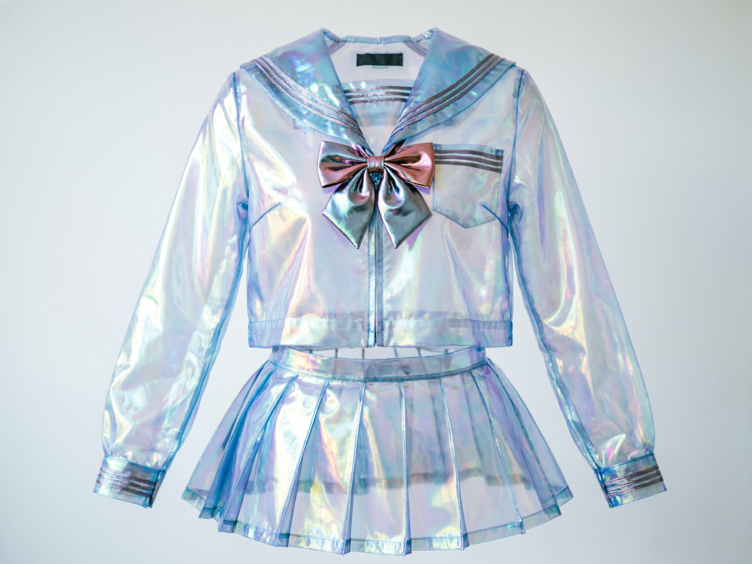图中展示了一套具有未来主义风格的日式水手服（JK制服），背景为纯净的浅灰色，整套服装呈现出半透明且带有镭射幻彩光泽的质感。上衣是一件长袖水手衫，领口处系有一个巨大的金属质感蝴蝶结，散发出淡紫色和青色的光泽；下身是配套的百褶短裙。服装材质仿佛是由某种轻薄的塑料或薄膜制成，表面反射出如珍珠般绚丽的七彩光影。在构图上，衣服像是由隐形模特穿着一样悬浮在画面中央，呈现出挺括的形态。

画面中存在明显的 AI 生成缺陷：首先，上衣领口内部的标签处出现了一个模糊的黑色色块，没有任何文字细节；其次，衣领上的装饰线条与左胸口袋上的线条在透视和衔接上显得生硬且不连贯；最明显的逻辑错误在于，透过半透明的裙子可以看到背景，但裙子内部完全缺失了理应存在的身体结构或支撑物，使得服装看起来像是一个空洞的壳子，缺乏真实的物理厚度。