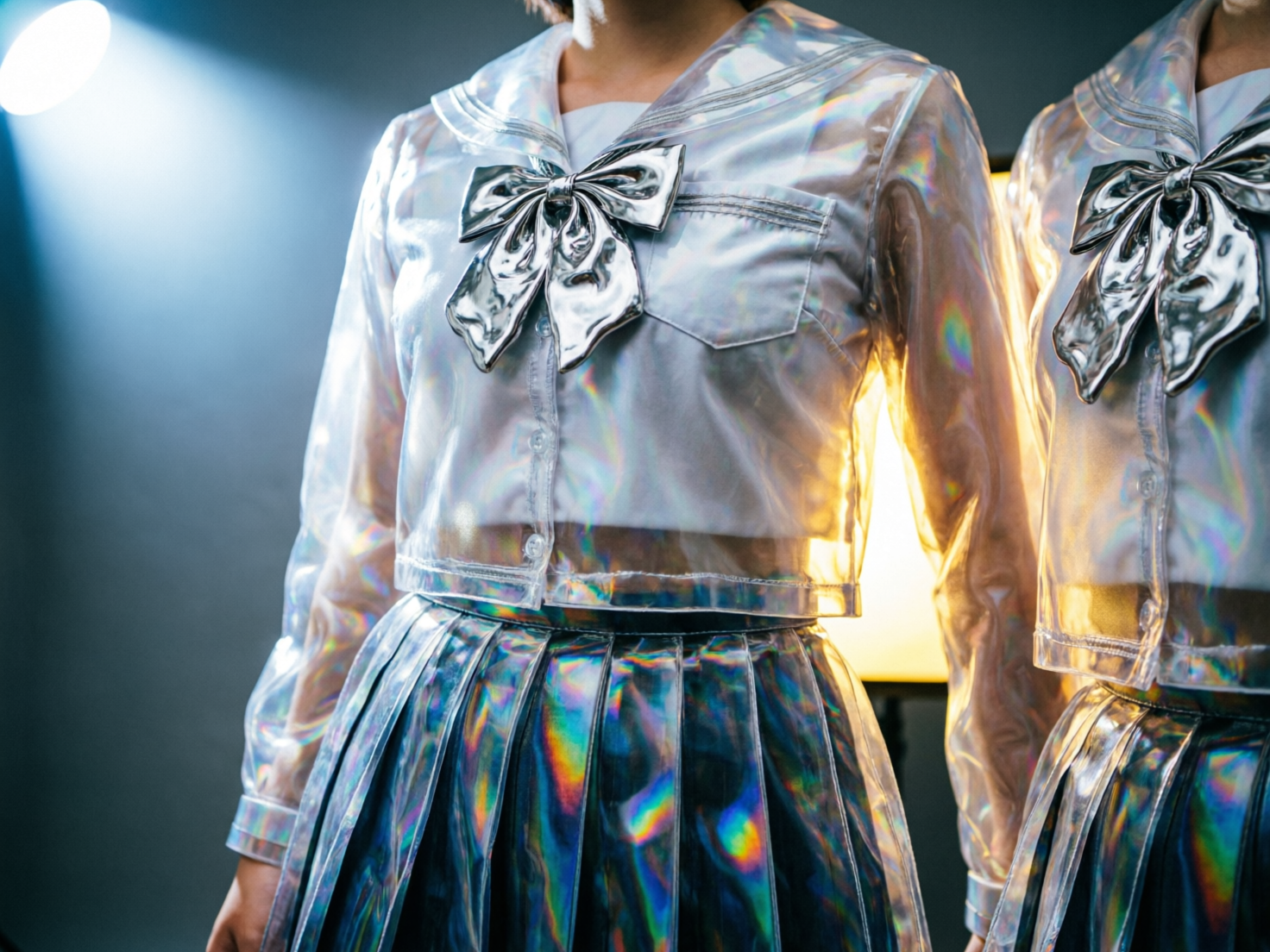 图中展示了两名穿着未来主义风格水手服的人物局部，镜头聚焦在她们的躯干部位。服装采用了独特的半透明全息材质，表面闪烁着彩虹般的金属光泽，胸前系着一个巨大的银色金属质感蝴蝶结。上衣为短款长袖衬衫，隐约透出内搭，下半身则是配套的百褶裙。背景光影对比强烈，左侧有冷色调的蓝光，右侧则是温暖的橘黄色背光，营造出一种赛博朋克或舞台表演的氛围。

画面中存在明显的 AI 生成缺陷：首先，左侧人物的右手部分在画面边缘显得模糊且结构异常，手指轮廓不清晰；其次，衣服上的纽扣与衣襟的缝合线逻辑混乱，部分纽扣像是直接漂浮在布料上，缺乏真实的物理连接感；此外，右侧人物的身体比例与左侧相比显得有些扁平且透视不自然，衣服上的全息反光纹理在两件衣服之间缺乏连贯性，显得较为随机。