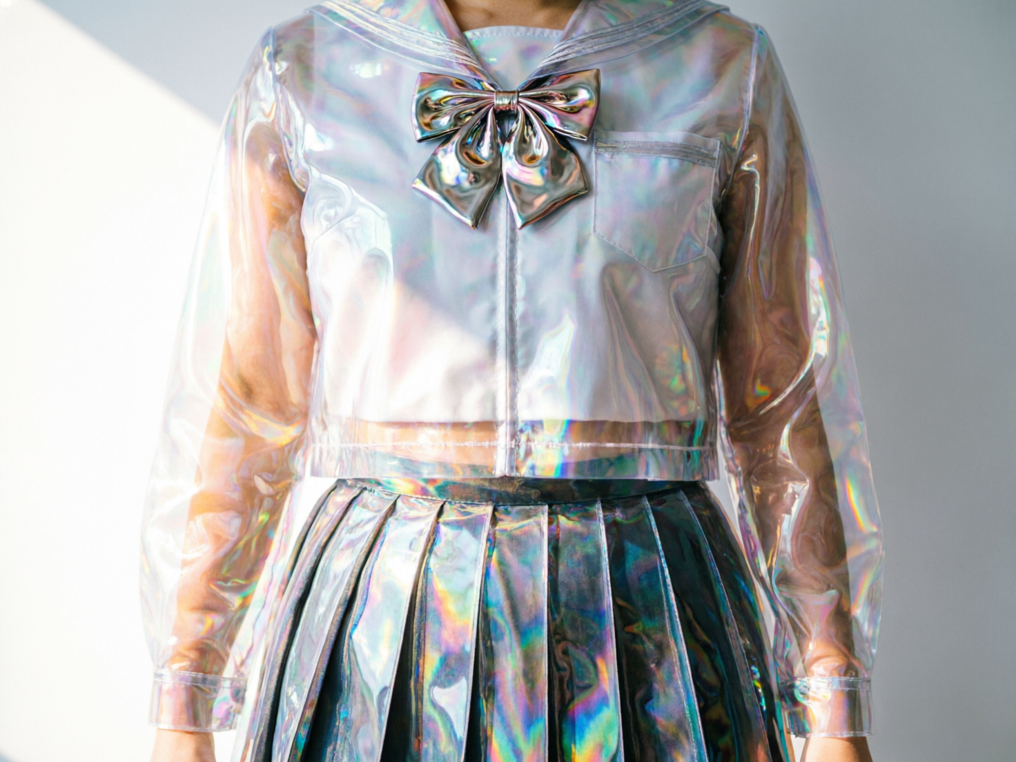 图中展示了一名穿着未来感风格水手服的女性躯干部分。这套服装由全透明且带有全息霓虹光泽的材质制成，在光线下折射出如彩虹般的粉、蓝、绿、金等色彩。上衣是一件透明的长袖水手服，胸前系着一个同样具有金属质感和全息光泽的大蝴蝶结；下身搭配一条同材质的百褶裙，光影在褶皱间流转，呈现出强烈的科幻与梦幻感。背景简洁，为纯净的浅灰色墙面，左侧有柔和的斜向阳光照射。画面构图为正面平视，去掉了人物头部和手部。在 AI 生成的细节上，存在一些明显的逻辑缺陷：上衣领口处的结构显得模糊且不连贯，蝴蝶结的边缘与衣领的衔接处缺乏自然的物理缝合感，且衣服下摆的缝线处出现了不自然的重影和断裂，显示出算法在处理复杂半透明材质叠加时的局限性。