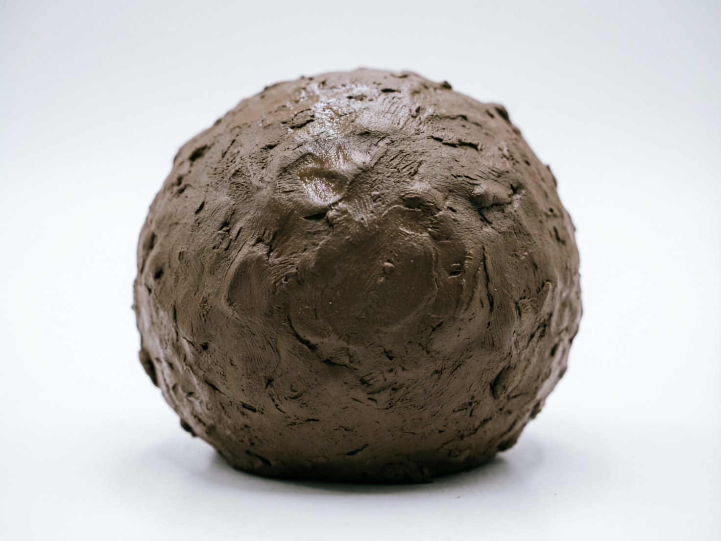 图中展示了一个由深褐色湿润粘土捏合而成的球体，静置在纯白色的背景中心。这个泥球表面并不平滑，布满了手工揉搓和按压留下的凹凸痕迹、指纹纹理以及细小的泥屑，呈现出一种粗犷、原始的质感。光线从上方照射，使泥球顶部带有湿润的水光反射，而底部则投射出淡淡的阴影，增强了物体的体积感。在 AI 生成的细节方面，虽然泥土的质感模拟得较为真实，但可以观察到球体边缘与白色背景交界处显得过于锐利，缺乏自然放置时应有的细微接触面变化。此外，球体表面的某些纹理走向显得过于杂乱且重复，呈现出一种数字合成的机械感，而非完全随机的人工捏造痕迹。整体构图极简，视觉焦点完全集中在这个充满泥土气息的圆球上。