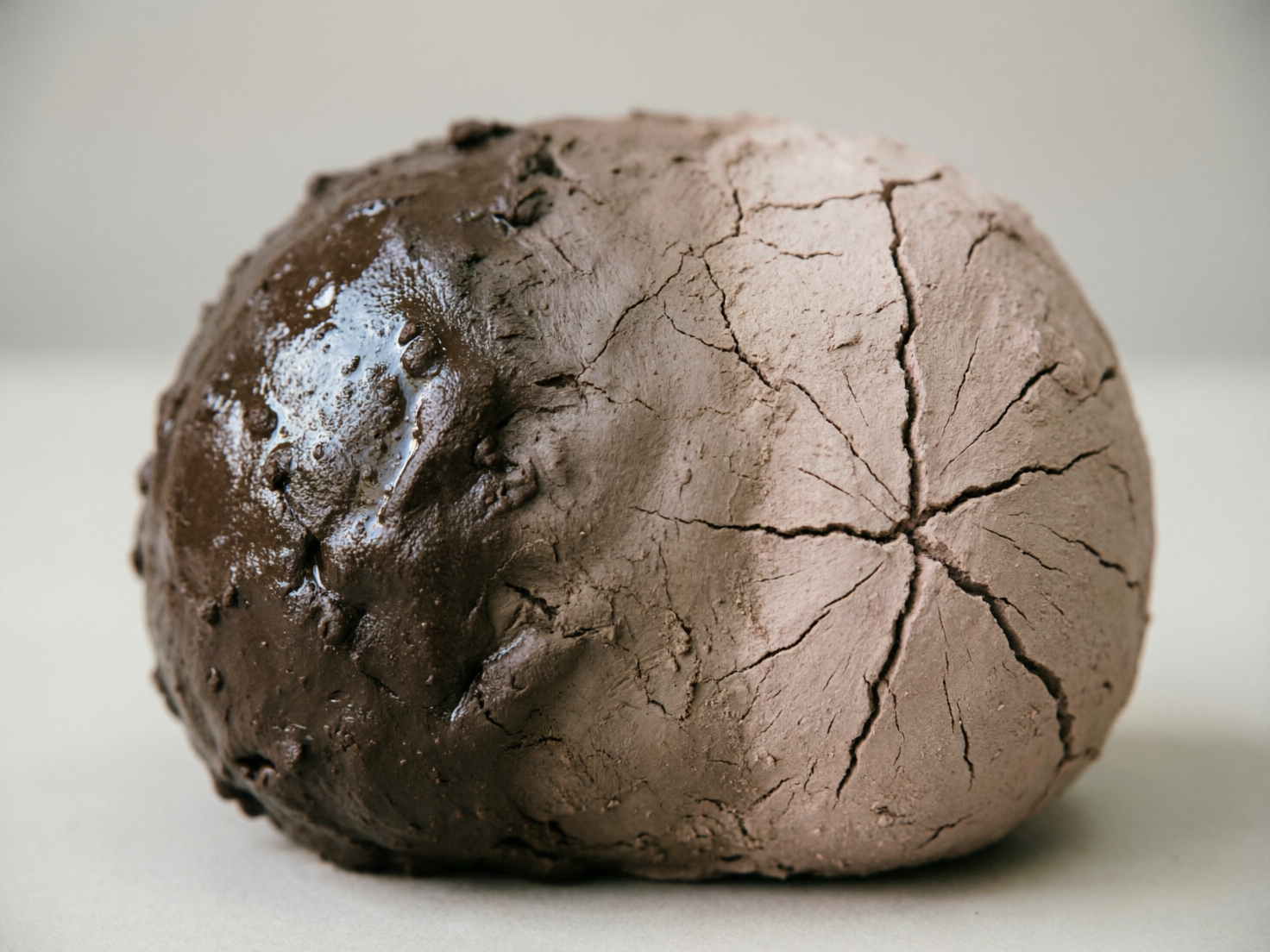 图中展示了一个不规则的球形泥团，静置在浅灰色的背景中。这个泥团呈现出明显的质感对比：左侧是深褐色的湿润泥土，表面泛着油亮的水光，显得黏稠且厚重；右侧则是浅棕色的干燥泥土，布满了放射状的干裂纹路，质地粗糙且松散。整张图片采用了微距摄影风格，景深较浅，背景完全模糊，使视觉焦点集中在泥土由湿变干的过渡细节上。在 AI 生成的细节方面，画面存在一些逻辑异常：右侧的裂纹虽然精细，但汇聚点的形态过于规整，且裂缝的深度与球体内部的结构衔接显得不够自然。此外，湿润部分的水光反射在边缘处略显生硬，缺乏与周围干燥区域更细腻的渗透过渡，使得干湿两部分的交界线看起来有些突兀。