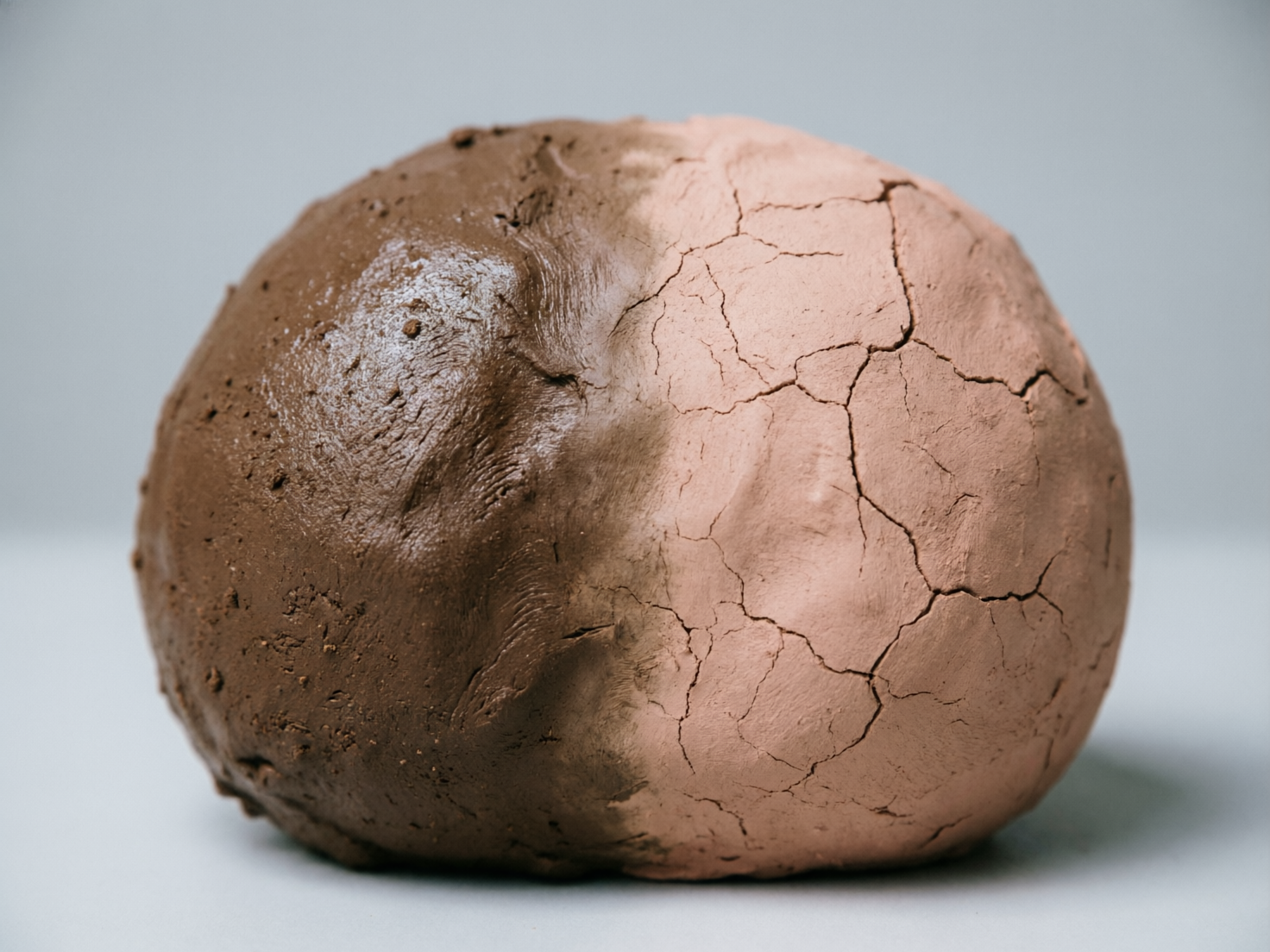 图中展示了一个位于浅灰色背景中央的球形粘土块，呈现出鲜明的质感对比。球体的左半部分是深褐色的湿润粘土，表面油亮且带有明显的揉捏痕迹，反射着柔和的光线；右半部分则是淡粉色的干燥粘土，布满了细密且交错的干裂纹路，显得粗糙而脆弱。两种状态在球体中间自然过渡，形成了一种干与湿、深与浅的视觉冲突。构图简洁，焦点集中在粘土的纹理细节上。作为 AI 生成的图像，其明显的缺陷在于物理逻辑的不合理性：同一个粘土球在完全相同的环境光线下，左右两边却呈现出极端的湿度差异，且交界处缺乏水分渗透的自然渐变。此外，球体底部的阴影边缘略显生硬，与平面的接触感不够真实。