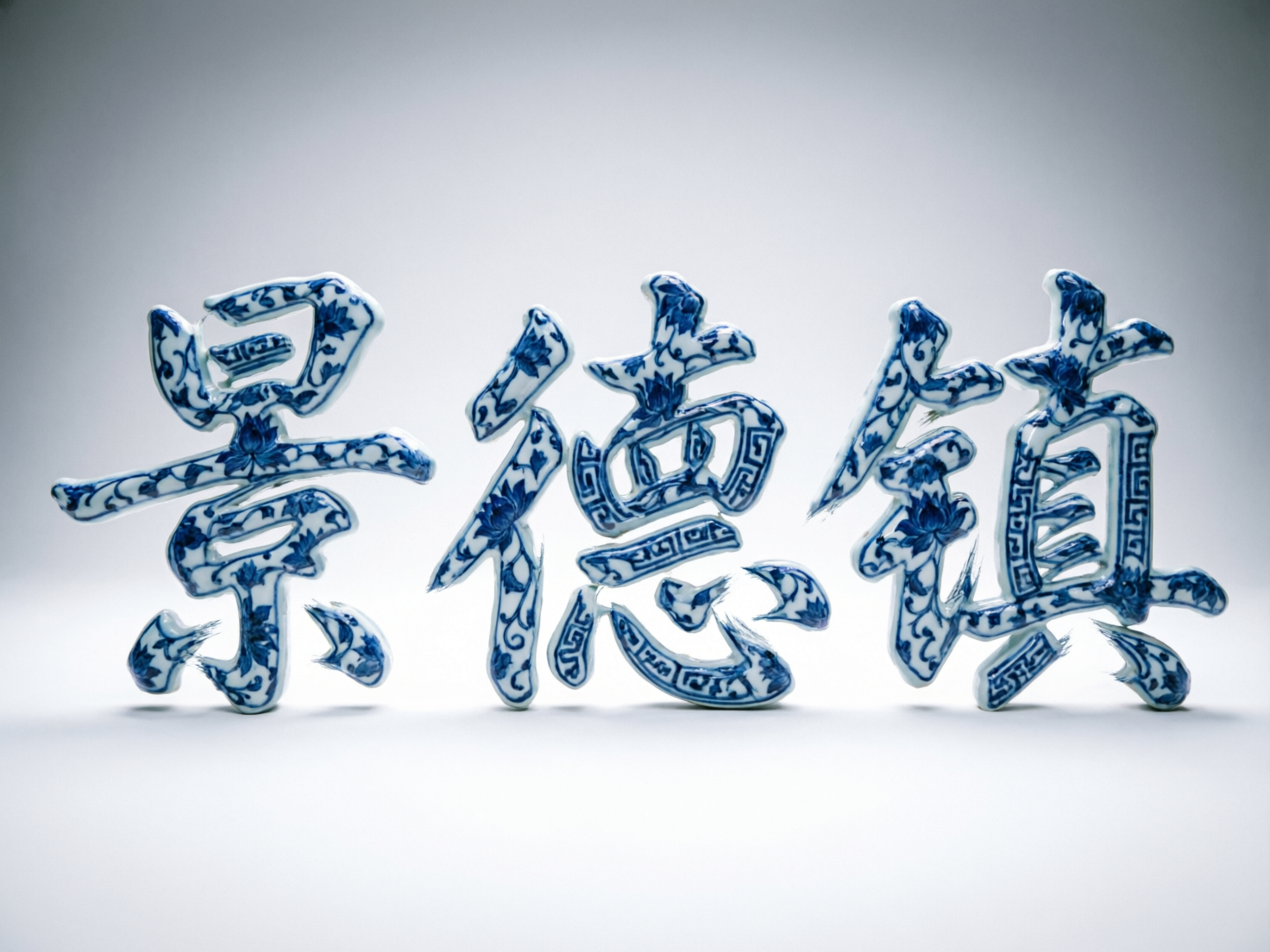 图中展示了三个立体的中国汉字，从左至右排列，意为“景德镇”。这些汉字呈现出独特的青花瓷质感，白色的瓷质底色上布满了深蓝色的传统花卉纹样和回纹装饰，表面带有莹润的光泽感。背景是极简的浅灰色调，光线从上方投射，使字体在白色地面上投下淡淡的阴影，营造出一种静谧的艺术氛围。然而，作为一张 AI 生成的图片，画面存在明显的逻辑缺陷：汉字的笔画结构出现了严重的扭曲和错误。例如，“景”字的下半部分笔画断裂且形状怪异；“德”字的右侧结构模糊不清，内部纹路杂乱；“镇”字的偏旁与右侧部分连接方式违背了汉字书写规律，且出现了多余的、像毛刷一样的细碎线条。整体而言，虽然视觉风格统一，但文字的准确性完全丧失。