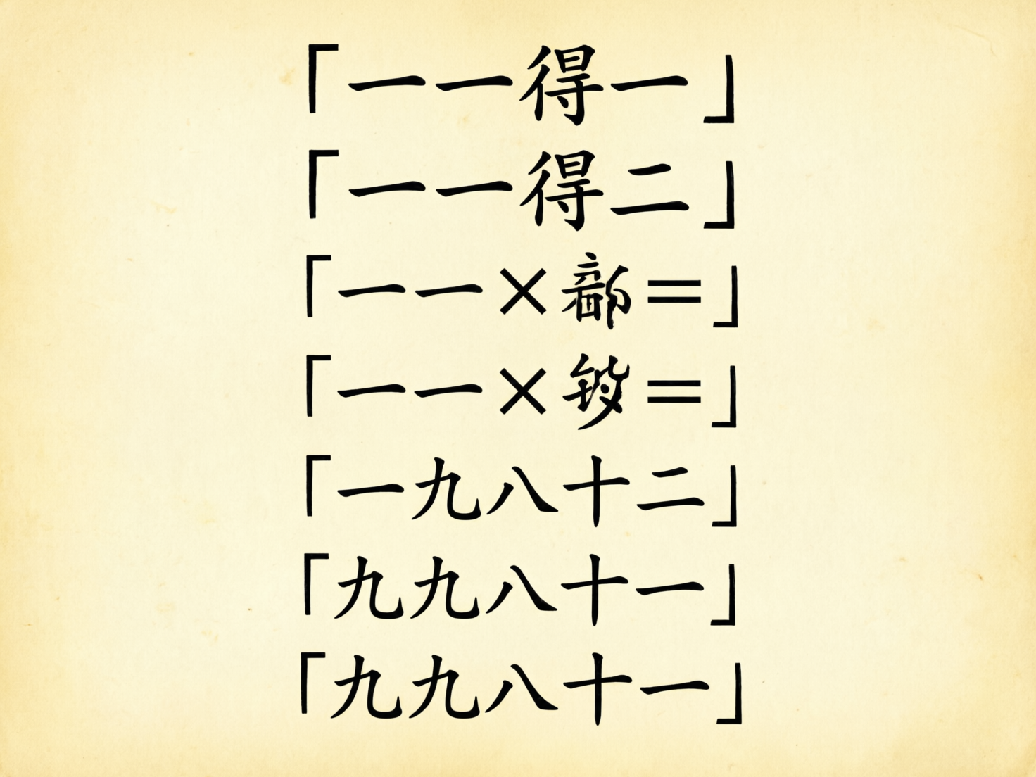 图中展示了一张具有复古质感的米黄色纸张，背景带有淡淡的纤维纹理和不规则的斑点。画面中心排列着七行黑色的手写体文字，每行文字都被直角引号括起来。这些文字试图模仿中国的乘法口诀，但存在明显的 AI 生成缺陷。前两行分别为「一一得一」和「一一得二」，其中第二行的逻辑错误地将一乘一算作二。第三行和第四行出现了严重的乱码，包含了无法辨认的变形汉字、乘号和等号。第五行写着「一九八十二」，逻辑错误且字形略显扭曲。最后两行重复显示了正确的「九九八十一」，但字体粗细不一，笔画边缘带有 AI 生成特有的毛糙感。整体构图居中，虽然色调柔和，但文字内容的逻辑混乱和字符畸变揭示了其人工智能生成的本质。