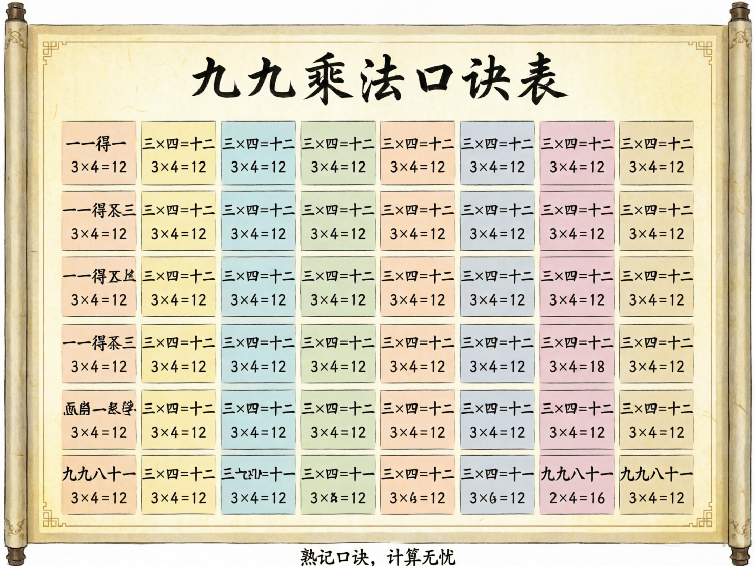 图中展示了一张模拟中国传统卷轴风格的“九九乘法口诀表”。画面中心是一个淡黄色的复古卷轴，上方用黑色书法字体写着标题。卷轴主体由 8 列 6 行、颜色各异的方形色块组成，颜色包括淡橙、浅黄、浅蓝、浅绿和淡粉色。每个色块内都印有汉字口诀和对应的阿拉伯数字算式。

然而，作为一张 AI 生成的图片，其内容存在严重的逻辑错误和文字乱码。虽然标题是乘法表，但表格内部几乎所有方块都在重复“三x四=十二”和“3x4=12”，并未按规律排列。部分文字出现了明显的 AI 幻觉，例如左侧出现了无法辨认的扭曲汉字，底部甚至出现了“3x4=18”或“2x4=16”等错误的数学计算。卷轴边缘的装饰线条也略显生硬，文字排版虽然整齐，但实际教学内容完全错误，仅具备视觉上的装饰效果。