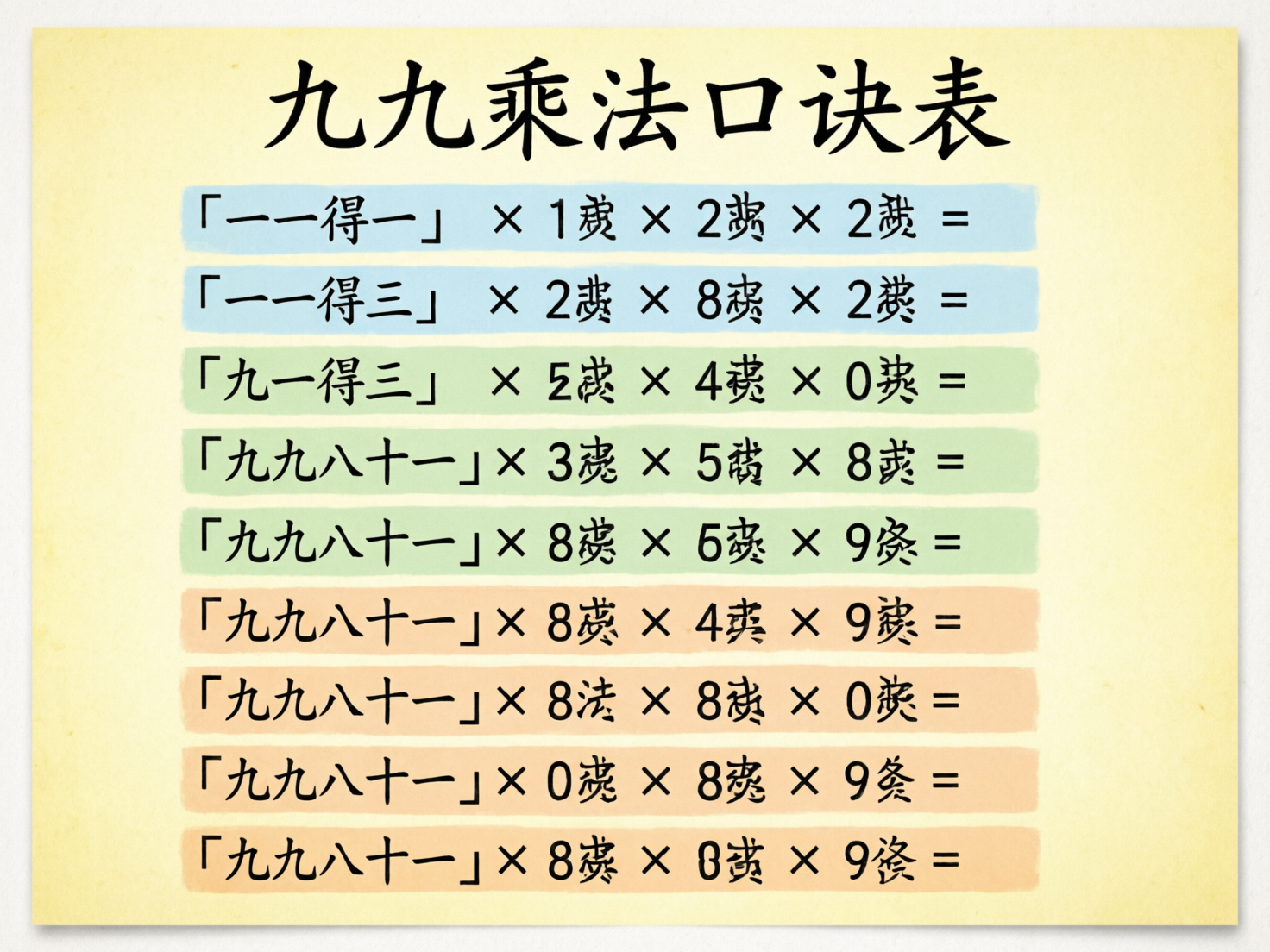 画面中展示了一张模仿教学海报的图片，背景为淡黄色的纸张质感。顶部用黑色书法字体写着“九九乘法口诀表”。下方排列着九行内容，每行文字都背景在浅蓝色、浅绿色或浅橘色的色块条带上。然而，这张图片存在非常严重的 AI 生成缺陷，主要体现在文字逻辑和字形书写上。

首先，口诀内容完全错误且重复，例如多次出现“九九八十一”，甚至出现了“一一得三”和“九一得三”等荒谬的逻辑错误。其次，每行口诀后方跟着一串由乘号、数字和扭曲字符组成的乱码，这些字符看起来像汉字但实际上是无法辨认的笔画堆砌，完全没有实际意义。此外，等号后面全部留白。整体构图虽然整齐，但文字内容纯属随机生成的乱码，不具备任何教育或参考价值，是典型的 AI 无法正确处理复杂文字逻辑的产物。