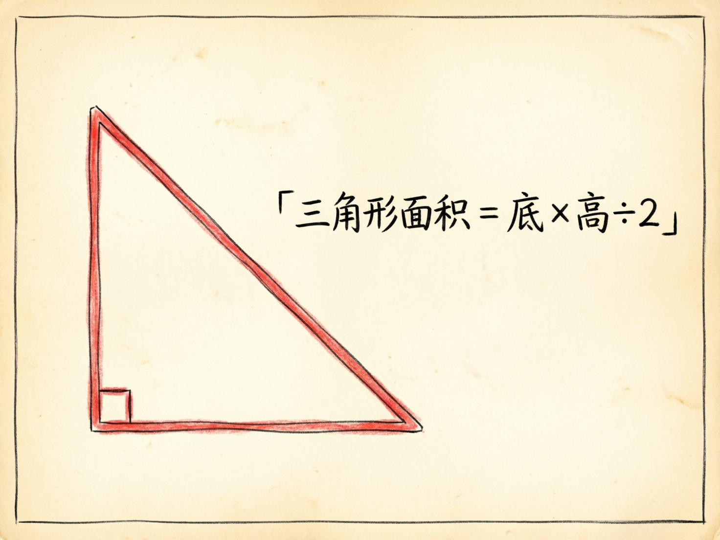 图中展示了一张具有复古纸张质感的数学教学示意图。背景是带有淡黄色斑点和陈旧感的纸张，四周有一圈黑色的手绘边框。画面左侧是一个用红色线条勾勒出的直角三角形，其直角位于左下角，并标注了一个小的正方形直角符号。三角形的线条呈现出类似彩色铅笔或蜡笔的笔触，略显不均匀。在三角形的右侧，有一行黑色的手写体中文公式，内容为「三角形面积 = 底 × 高 ÷ 2」，文字被包含在两个直角引号内。画面整体构图简洁，具有明显的手绘插画风格。作为 AI 生成的图片，其主要缺陷在于线条的精确度不足：三角形的红色轮廓线在顶点处衔接不够严密，出现了重叠和溢出的现象，且直角符号的小正方形线条略显歪斜，未能与大三角形的底边和高完全平行，体现了 AI 在处理精确几何图形时的局限性。