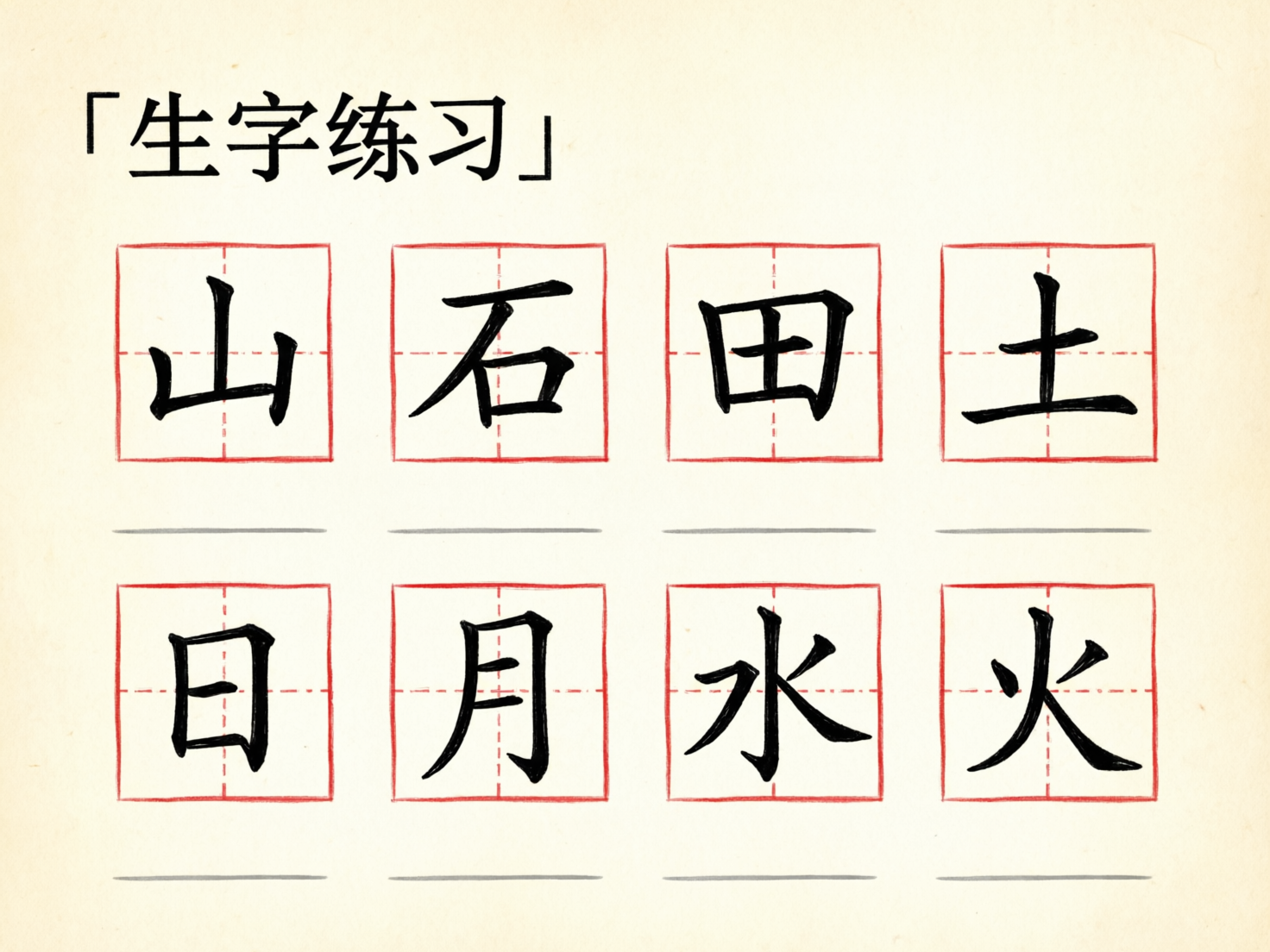 画面中展示了一张模拟中文书法练习帖的图片，背景呈现淡淡的米黄色，带有纸张的质感。左上方印有黑色宋体字「生字练习」，并带有直角引号。画面主体是两排红色的田字格，每排四个，共八个格子。第一排从左至右依次是黑色的楷体汉字「山、石、田、土」，第二排依次是「日、月、水、火」。每个田字格下方都有一条灰色的横线，用于临摹书写。

在 AI 生成的细节方面，存在一些明显的逻辑缺陷：首先，文字的笔画边缘略显毛糙，不符合标准印刷体或真实手写的平滑感；其次，田字格内部的红色虚线分布不均，部分虚线与外框的连接处显得模糊或断开；最明显的错误在于「田」字格下方的灰色横线，其长度和粗细与上方格子的宽度不完全匹配，且部分线条略微倾斜，显示出 AI 在处理精确几何排版时的局限性。