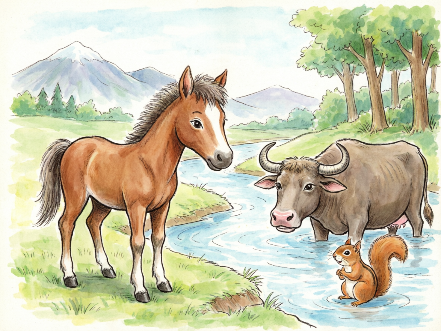 图中是一幅水彩手绘风格的插画，展现了宁静的乡村自然景观。画面左侧是一匹棕色的小马，它有着白色的面部花纹和深色的鬃毛，正站在草地上看向右侧。画面右侧的水流中站着一头灰褐色的水牛，它长着弯曲的大角，正温和地注视着前方。在水牛前方的水面上，一只橙色的小松鼠正蹲坐着，尾巴蓬松。背景由淡蓝色的河流、绿色的树林以及远方覆盖着积雪的山脉组成，色调清新明快。

画面中存在明显的 AI 生成缺陷：首先，最显著的问题是小松鼠，它竟然直接站立在水面上，脚下虽有波纹但并未下沉，违背了物理常识；其次，水牛的腿部与水面的衔接处显得生硬，且水牛腹部下方的乳房结构表现模糊，与后腿的连接逻辑混乱；此外，小马的后腿比例略显僵硬，草地与河流交界处的透视关系也处理得不够自然。