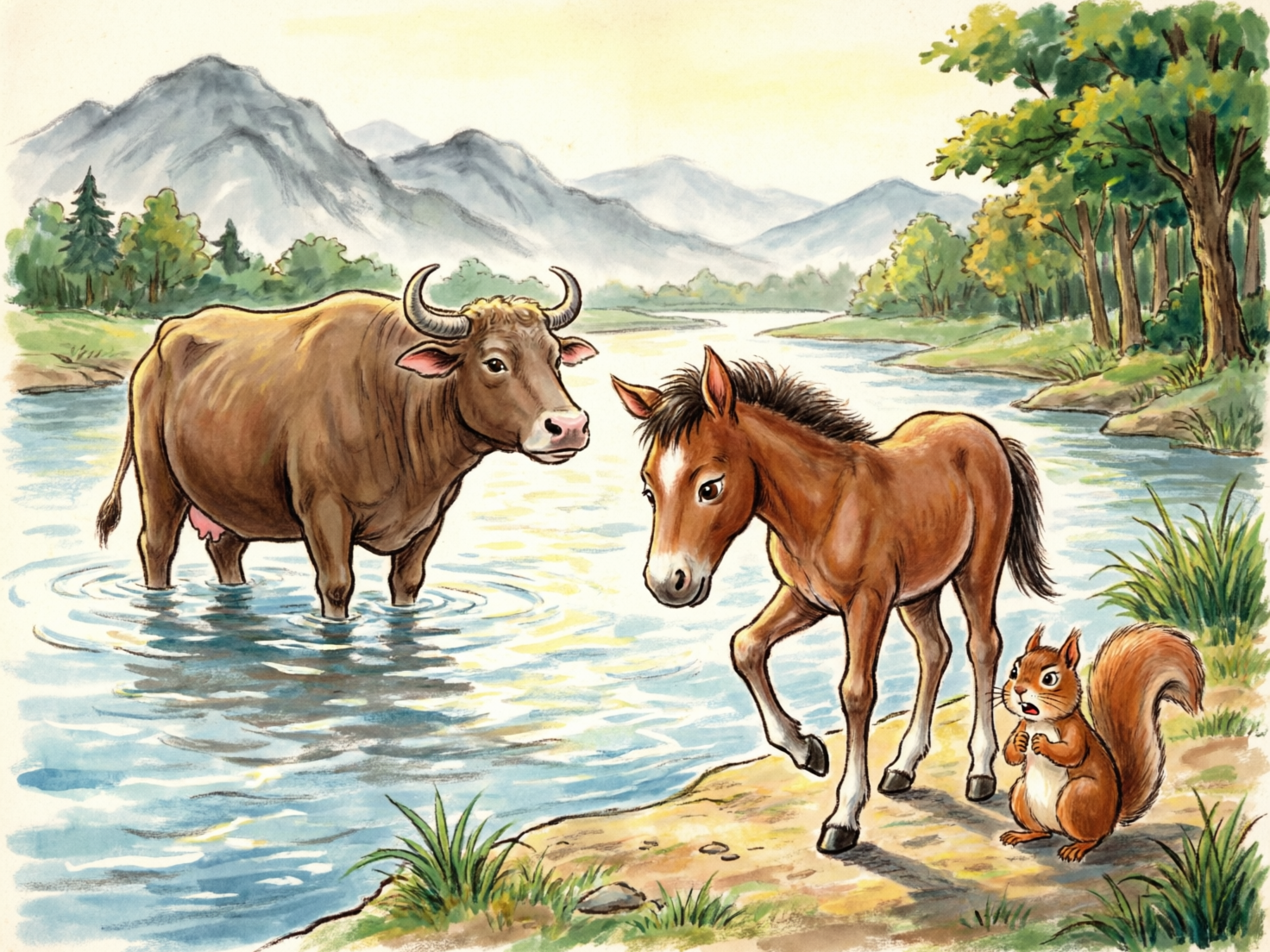 画面中展示了一幅具有童话绘本风格的自然场景，描绘了经典寓言故事《小马过河》的情节。画面中央，一匹棕色的小马正站在河岸边，抬起一只前蹄，神情显得有些犹豫。河水中站着一头体型庞大的老牛，它有着弯曲的长角，正回头看向小马，似乎在鼓励它。右下角的岸边还有一只神情惊恐、张着嘴巴的小松鼠，正挥动小手阻止小马过河。背景是淡蓝色的河流、连绵的远山和葱郁的树木，色调柔和清新。

画面存在明显的 AI 生成缺陷：首先，老牛的身体构造异常，它虽然长着公牛般的长角，腹部却出现了类似母牛的乳房，性别特征矛盾；其次，小马的右后腿与臀部的连接处透视生硬，线条衔接不自然；最后，小松鼠的脚部与地面接触的位置缺乏合理的阴影处理，显得有些漂浮。此外，河水的波纹在动物腿部周围的分布过于机械，缺乏真实的流体感。