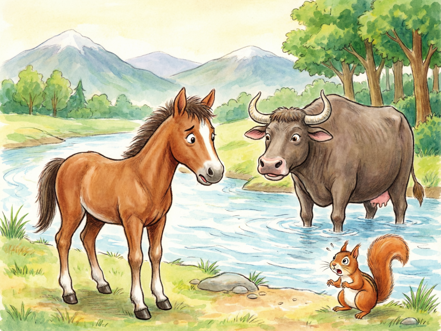图中展现了一幅清新柔和的水彩画风格场景，描绘了经典寓言故事《小马过河》的画面。画面左侧站着一匹棕色的小马，它神情犹豫，正望向河中心。河水中站着一头体型健壮、皮肤灰黑的老牛，它正扭头看向小马，似乎在交谈。右下角的岸边还有一只橙色的小松鼠，它直立着身体，表情显得十分惊慌。背景是连绵的淡蓝色雪山、翠绿的树林和清澈流动的河水，整体色彩明亮且富有童趣。

在 AI 生成的细节方面，存在一些明显的逻辑与结构缺陷：首先，画面右侧的老牛虽然长着巨大的牛角，却在腹部下方出现了粉红色的乳房，这种生物特征的矛盾是典型的 AI 错误。其次，老牛的后腿与尾巴的连接处显得不够自然，且其左前蹄在水中的倒影与实体位置略有偏移。此外，小马的四肢比例虽然尚可，但蹄部的细节处理略显简略，缺乏真实的结构感。