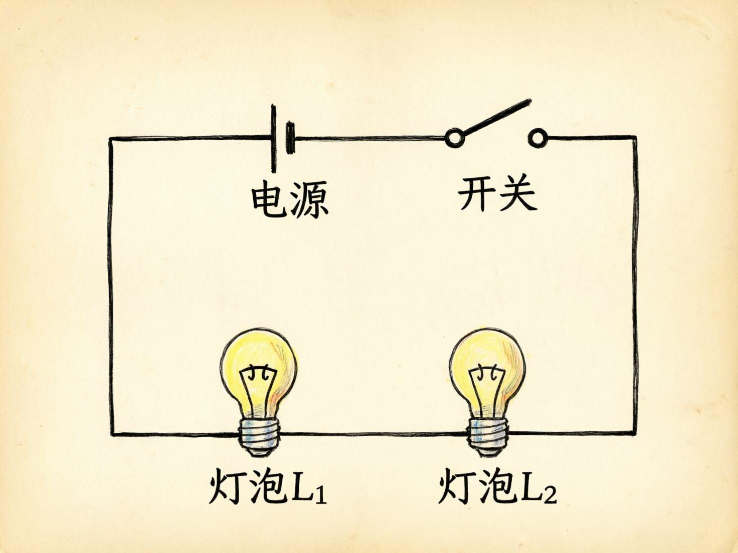 图中展示了一张手绘风格的电路示意图，背景是带有怀旧感的淡黄色仿旧纸张纹理。画面中心是一个由黑色线条勾勒的矩形电路。电路顶部排列着电源符号和处于开启状态的开关，分别标注有中文“电源”和“开关”。电路底部并联着两个发着微弱黄光的灯泡，下方分别标注为“灯泡L1”和“灯泡L2”。整体构图简洁，文字清晰易读。作为 AI 生成的图片，其明显的逻辑缺陷在于电路的连接方式：画面试图表达一个串联或并联电路，但导线直接穿过了灯泡的玻璃壳和内部灯丝，而非连接在灯座的接线点上，这在物理常识上是不正确的。此外，灯泡的螺旋底座线条略显杂乱，左右两个灯泡的内部结构细节也不完全对称。