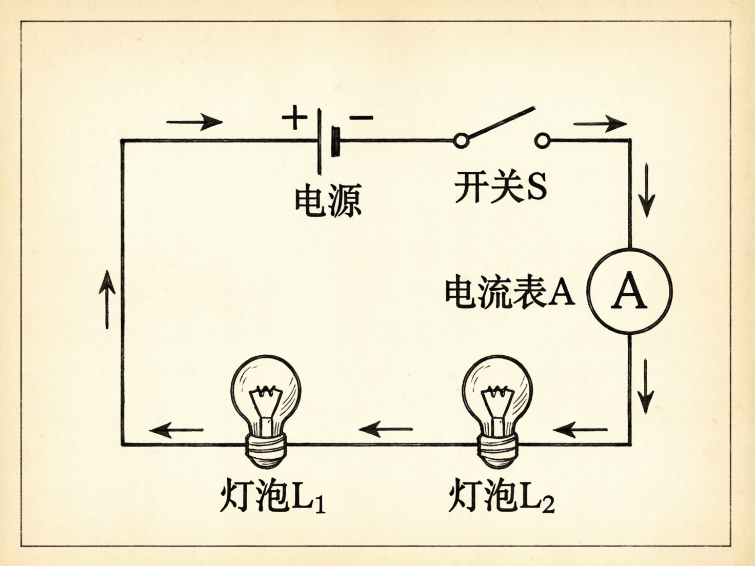 图中展示了一张模拟手绘风格的物理电路图，背景呈现出复古的淡黄色纸张质感。电路呈矩形分布，由黑色的线条连接。上方中心位置是电源符号，标注有正负极和中文“电源”；其右侧是一个处于断开状态的“开关S”。右侧垂直导线上串联着一个圆形的“电流表A”。底部水平导线上并联排列着两个白炽灯泡，分别标注为“灯泡L1”和“灯泡L2”。电路中分布着多个黑色箭头，指示电流的方向。

作为一张 AI 生成的图片，画面存在明显的逻辑和透视缺陷：首先，电流箭头的指向存在严重矛盾，电源正极流出的电流与灯泡下方的电流方向完全相反，无法形成闭合回路；其次，灯泡的绘图风格与简化的电路符号不统一，且灯泡底座直接压在导线上，缺乏标准的电路节点连接；此外，文字排版略显生硬，部分线条的粗细连接处不够平滑，体现了典型的 AI 绘图痕迹。