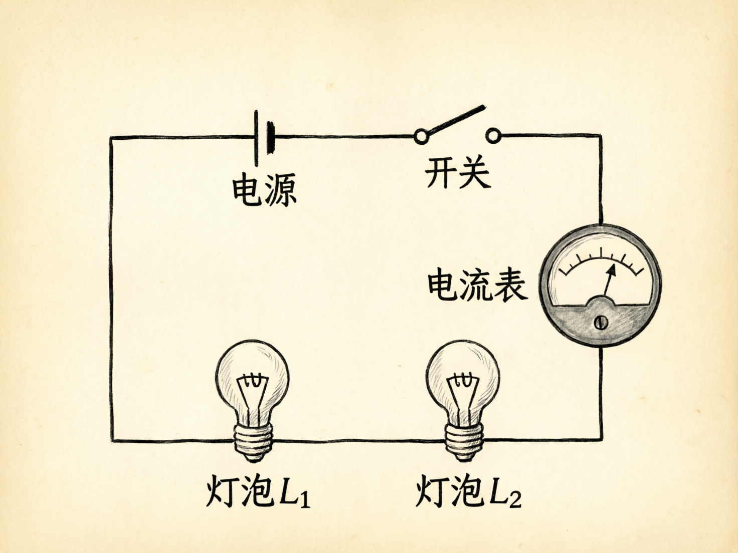 图中展示了一张手绘风格的简单电路原理图，背景是带有复古质感的淡黄色纸张。电路呈长方形布局，上方中心位置是一个由长短竖线组成的电源符号，右侧是一个处于断开状态的开关。电路右侧垂直线上连接着一个圆形的电流表，表盘上有刻度和指针。电路下方水平线上串联着两个白炽灯泡，分别标注为“灯泡 L1”和“灯泡 L2”。画面中的文字使用了清晰的黑色简体中文。

作为一张 AI 生成的图片，图中存在明显的逻辑和绘图缺陷：首先，电路的连接方式不符合物理规范，导线直接穿过了灯泡的玻璃壳和电流表的中心，而非连接在接线柱上；其次，虽然开关处于断开状态，但右侧电流表的指针却指向了示数，这在现实物理规律中是不可能发生的；此外，灯泡的线条略显生硬，电源符号的比例也与标准教科书符号略有出入。