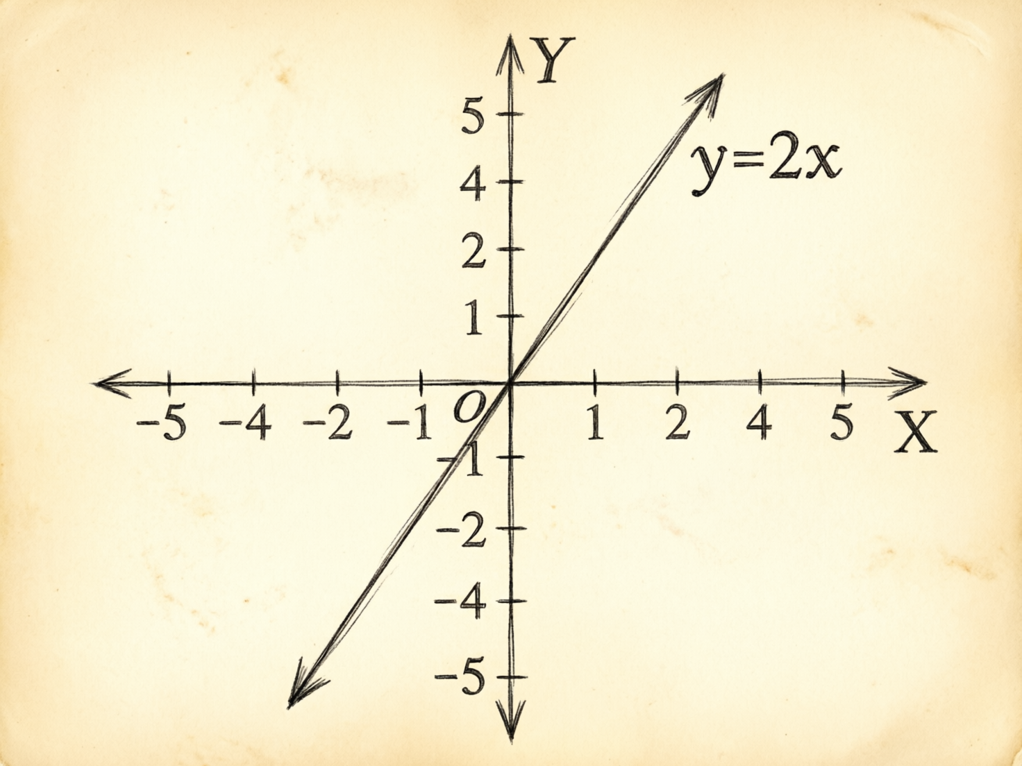 图中展示了一张带有复古质感的米黄色旧纸张，中心绘制了一个手绘风格的平面直角坐标系。坐标系由黑色的 X 轴和 Y 轴组成，交点处标有字母“O”。一条穿过原点的直线斜向上延伸，右上角标注着函数表达式“y=2x”。整体构图简洁，呈现出一种草稿纸上的数学笔记感。

然而，画面中存在明显的 AI 生成逻辑错误：首先，坐标轴上的刻度数字极不规范，X 轴和 Y 轴都缺失了数字“3”，且数字的排列间距不均匀。其次，函数图像与表达式严重不符，标注为“y=2x”的直线在图中看起来更接近 y=x（即 45 度角），并没有体现出斜率为 2 应有的陡峭度。此外，坐标轴末端的箭头线条略显杂乱，部分刻度线与轴线的连接处有重影，这些都是典型的 AI 绘图瑕疵。