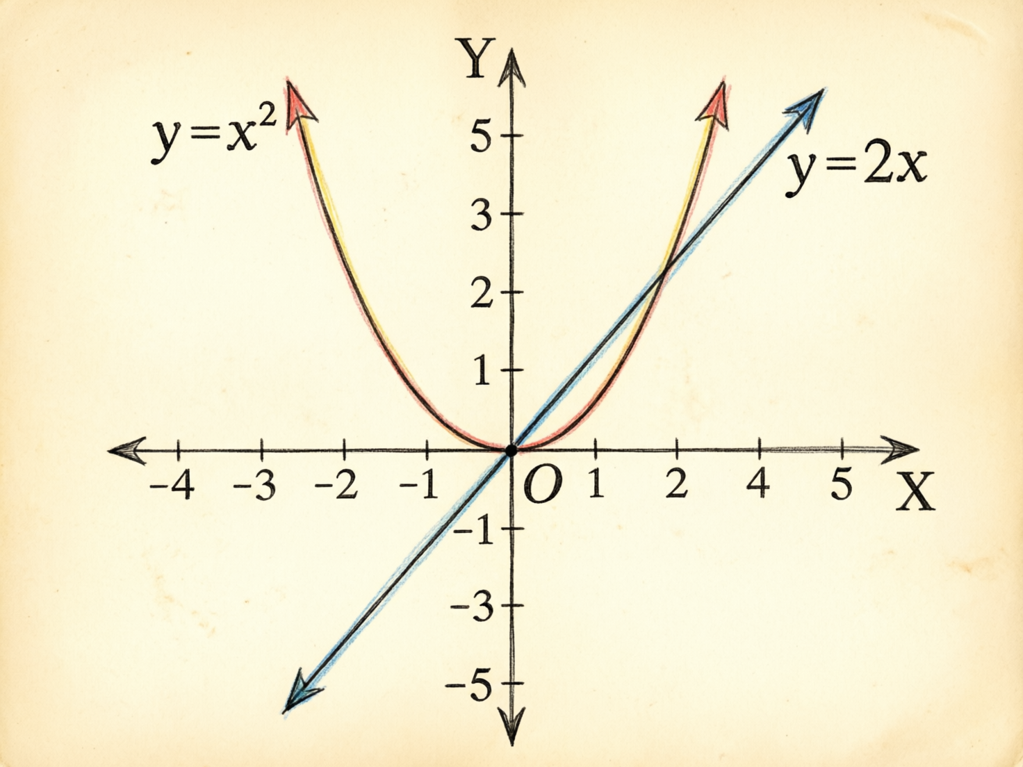 图中展示了一个手绘风格的数学坐标系，背景是带有复古质感的淡黄色纸张。画面中心是一个平面直角坐标系，纵轴标注为 Y，横轴标注为 X，原点处标有字母 O。图中绘制了两条函数曲线：一条是开口向上的红色抛物线，旁边标注着方程 y=x²；另一条是穿过原点的蓝色直线，标注为 y=2x。

作为一张 AI 生成的图片，画面中存在明显的逻辑和数学错误。首先，坐标轴上的刻度分布极不均匀且存在缺失，例如横轴正方向在数字 2 之后直接跳到了 4，缺少了数字 3，且数字 5 的位置过于靠右。其次，函数图像的绘制不符合数学准确性：抛物线 y=x² 应该经过点 (1,1) 和 (2,4)，但图中曲线与刻度的对应关系完全错乱；直线 y=2x 也没有准确经过应有的坐标点。此外，坐标轴末端的箭头形状略显粗糙，部分线条有重影，体现了 AI 在处理精确逻辑图形时的局限性。