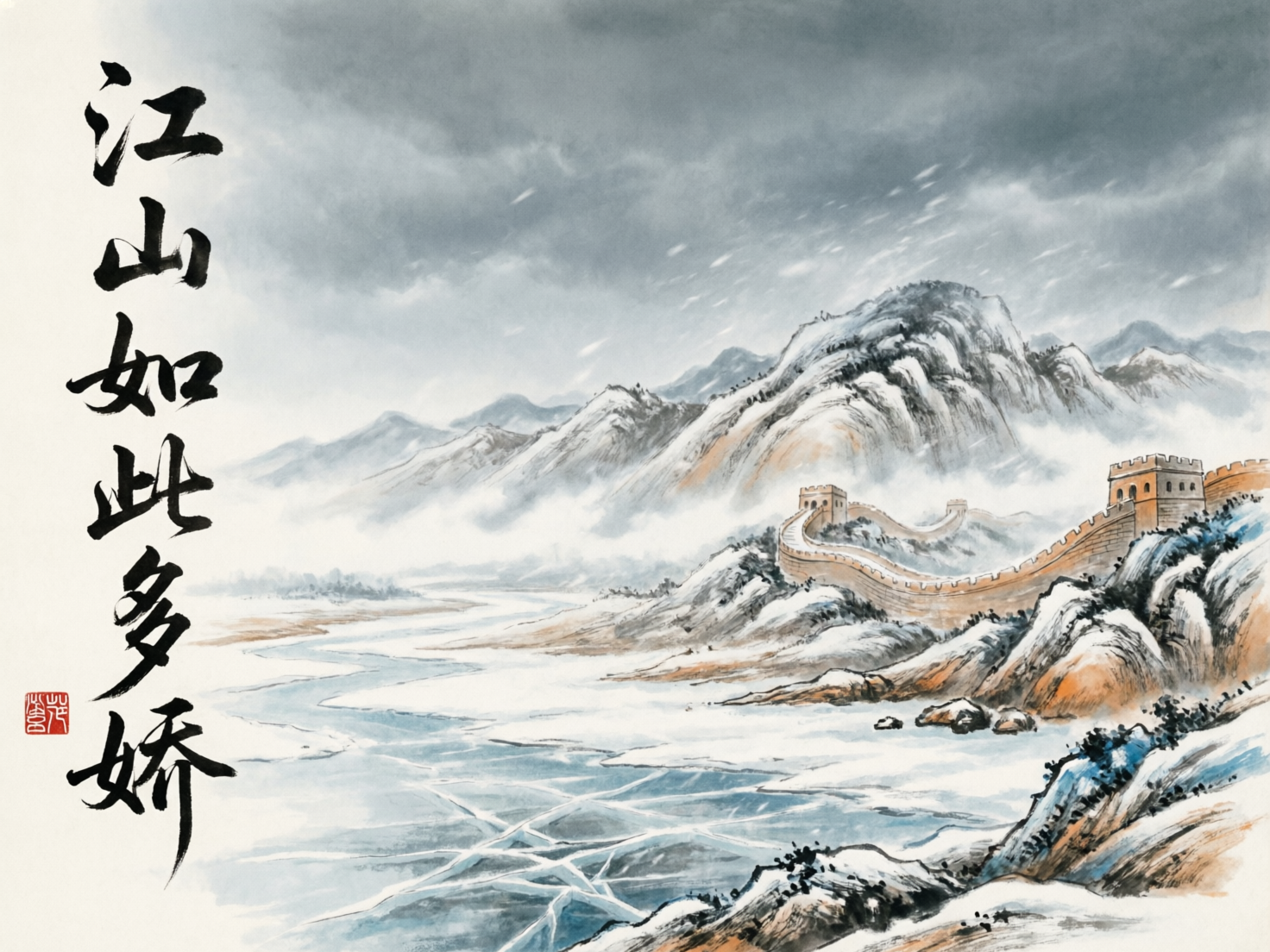 图中展示了一幅模仿中国传统水墨画风格的冬日壮丽山水。画面左侧竖排书写着黑色书法字体“江山如此多娇”，下方盖有一枚红色印章。视觉中心是蜿蜒在皑皑白雪覆盖的山脊上的长城，城墙呈现土黄色，在冷色调的背景中格外醒目。远景是层峦叠嶂的群山，山间云雾缭绕，天空阴沉，伴有零星雪花飘落的笔触。近景处是一片结冰的河面，冰层上布满了交错的白色裂纹。

在 AI 生成的细节方面，存在一些明显的逻辑缺陷：首先，左侧的书法文字虽然字形苍劲，但部分笔画结构不规范，且下方的红色印章图案模糊，并非真实的篆刻汉字。其次，长城的透视关系略显生硬，城墙的线条与山体的结合处缺乏自然的衔接感，部分烽火台的结构过于简化。此外，冰面的裂纹分布过于均匀且细碎，略显刻意，缺乏自然冰裂的随机美感。
