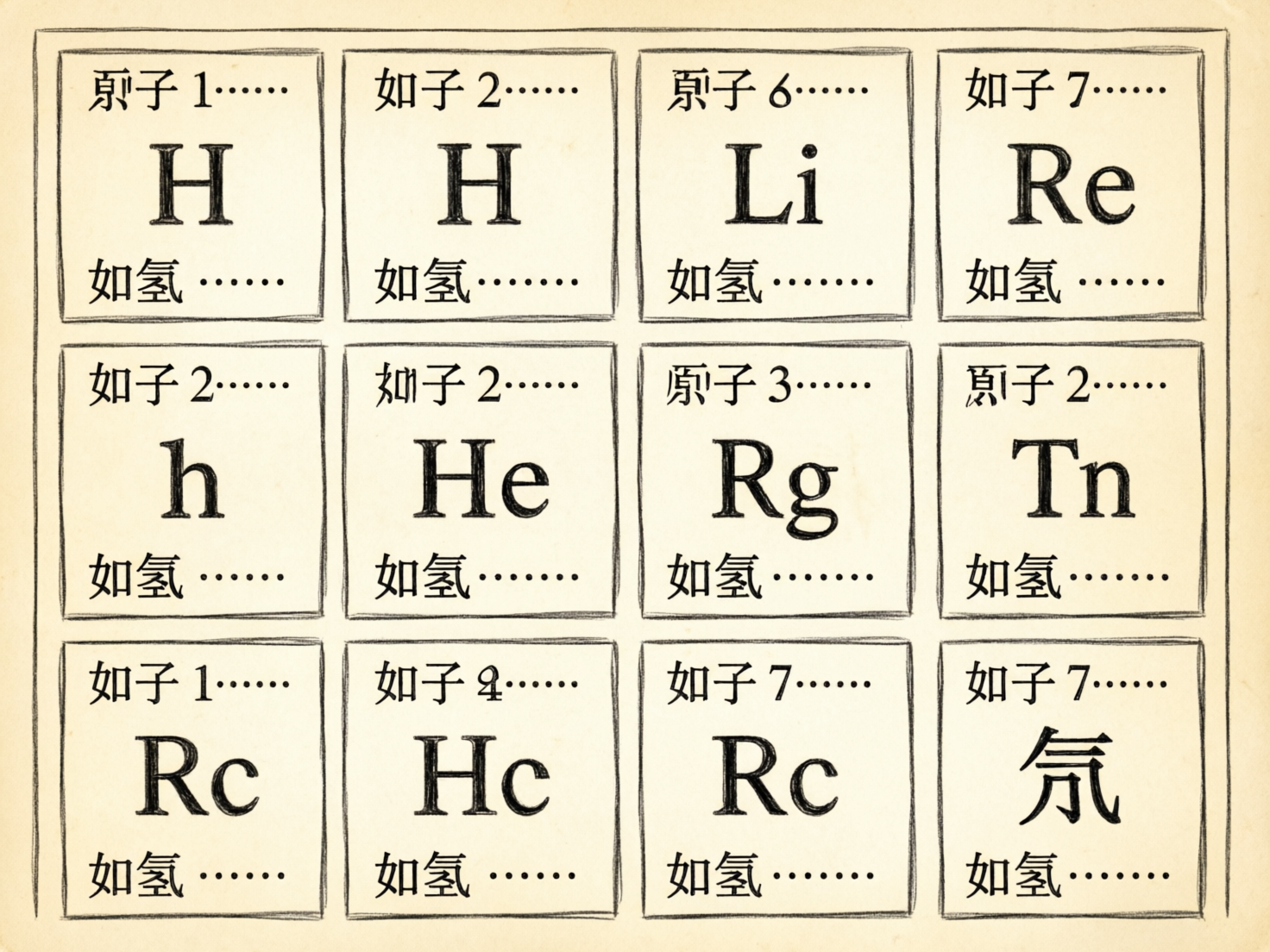 图中展示了一张模仿化学元素周期表风格的网格图，背景呈现出复古的淡黄色羊皮纸质感。画面由 12 个排列整齐的矩形方框组成，分为三行四列。每个方框内都包含黑色的手绘风格线条、拉丁字母符号以及中文文字。

然而，这张图片存在明显的 AI 生成缺陷，主要体现在文字逻辑的混乱与错误。首先，方框上方的中文出现了大量错别字和无意义的组合，如“原子”被误写为“原孑”或“如子”，且后面的数字与化学常识完全不符。其次，中间的化学符号极不规范，出现了如“Rc”、“Hc”等现实中不存在的元素符号，甚至在最后一个方框中直接出现了一个变形的汉字“氘”。底部的中文统一显示为“如氢……”，重复且无实际意义。整体构图虽然规整，但内容完全是随机生成的乱码，不具备任何科学参考价值。