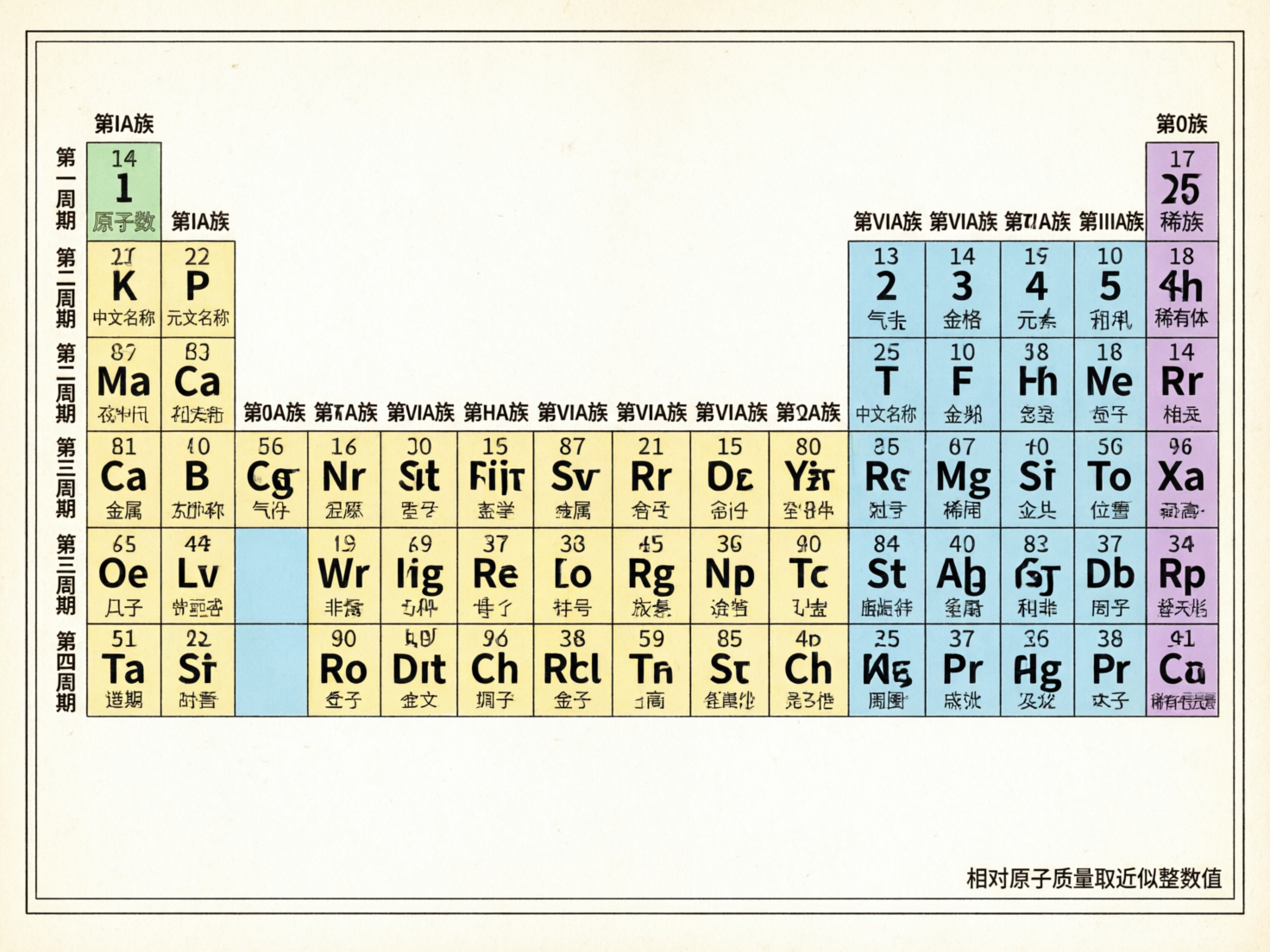 画面中展示了一张模仿化学元素周期表的图表，背景呈现出淡淡的米黄色复古纸张质感。图表由多个彩色方格组成，主要使用了浅绿、浅黄、浅蓝和浅紫色来区分不同的区域。每个方格内都包含数字、英文字母缩写以及类似汉字的字符。构图整齐，文字排列看似严谨，左侧和上方标注有“第一周期”、“第IA族”等分类标签。

然而，这张图片存在明显的 AI 生成缺陷，属于典型的“伪科学”逻辑错误。首先，表中的文字内容完全混乱，所谓的“中文名称”大多是无法辨认的乱码或扭曲的错别字；其次，元素符号和原子序数完全不符合现实科学，例如出现了重复的符号或逻辑错误的数字排列；此外，表格的结构也与真实的周期表大相径庭，部分边框线条粗细不一，文字甚至超出了方格边界。整体而言，这是一张视觉上模仿周期表形式，但内容完全错误且无实际意义的 AI 幻觉图像。