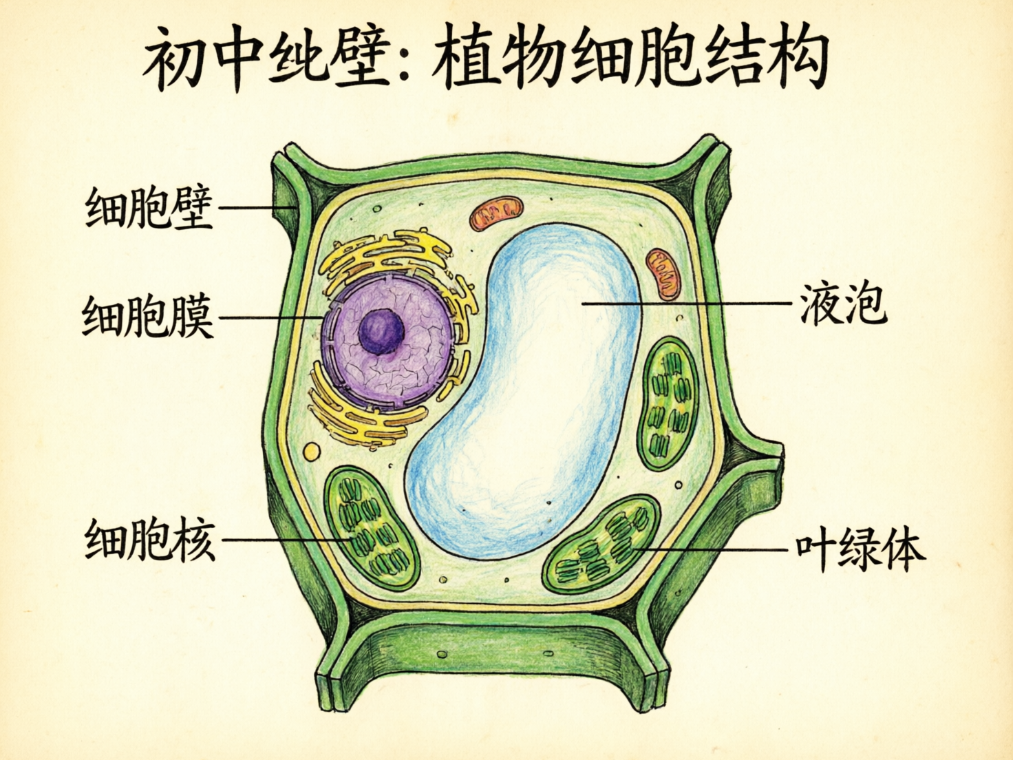 图中展示了一幅模仿手绘风格的植物细胞结构示意图，背景为淡黄色的复古纸张质感。画面中央是一个绿色的、具有厚实细胞壁的六边形细胞，内部包含紫色的细胞核、淡蓝色的巨大液泡以及数个绿色的叶绿体。图片上方有黑色手写体标题，标注为“初中纯壁：植物细胞结构”。

然而，作为一张 AI 生成的图片，画面中存在多处明显的逻辑错误和文字缺陷。首先，标题中的“纯壁”疑似为“细胞”或“必修”的错误拼写。其次，左侧的文字标注线指向混乱：标注为“细胞核”的引线实际指向了一个绿色的叶绿体，而真正的紫色细胞核却被标注为了“细胞膜”。此外，标注为“细胞壁”和“细胞膜”的两根引线几乎指向同一位置。右侧的“叶绿体”引线也指向了错误的区域。这些科学常识性的错误和文字逻辑混乱是 AI 在生成教育类图表时常见的缺陷。