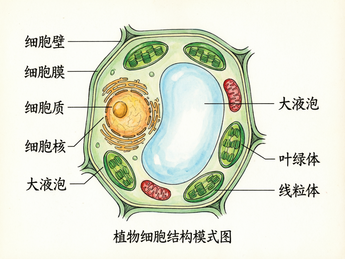 画面中展示了一张植物细胞结构模式图，采用手绘水彩风格。细胞整体呈不规则的多边形，最外层是绿色的细胞壁，紧贴着薄薄的细胞膜。内部包含一个巨大的浅蓝色液泡，占据了中心大部分空间。左侧是一个圆形的黄色细胞核，周围环绕着橙色的内质网。细胞质中还分布着数个绿色的叶绿体和红色的线粒体。图像四周带有中文标签，指向各个细胞器。

作为一张 AI 生成的科普图，画面存在明显的逻辑和细节缺陷：首先，文字标注存在严重错误，左下角的引线指向的是绿色的叶绿体，标签却写着「大液泡」；右下角的引线指向绿色的叶绿体，标签却写着「线粒体」，而真正的红色线粒体并未被正确标注。此外，细胞核周围的橙色线条（内质网）结构模糊且断裂，缺乏生物学上的准确性。底部的标题「植物细胞结构模式图」字迹虽清晰，但整体科学严谨性较低。