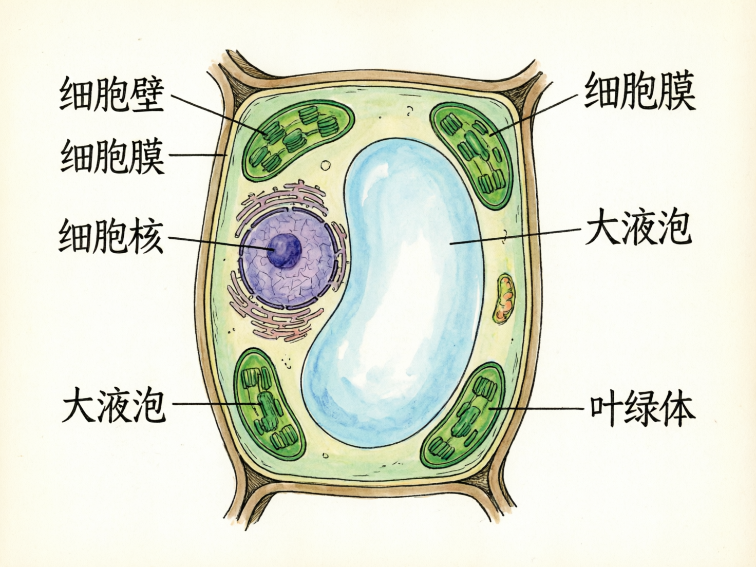 画面中展示了一张手绘风格的植物细胞结构示意图，背景为米白色。细胞呈长方形，四周有棕色的厚细胞壁。内部包含一个巨大的浅蓝色液泡，占据了画面中心大部分空间。左侧是一个紫色的圆形细胞核，周围环绕着粉色的内质网。四个绿色的椭圆形叶绿体分布在细胞的四个角落。图像两侧带有中文标注，包括细胞壁、细胞膜、细胞核、大液泡和叶绿体。

作为一张 AI 生成的图片，画面存在明显的逻辑错误和缺陷：首先，文字标注与指向线极度混乱，例如左侧的“细胞壁”和“细胞膜”标签指向了同一个叶绿体，而左下角的“大液泡”标签却指向了另一个叶绿体；其次，右侧的“细胞膜”标签指向了右上角的叶绿体，而非细胞边缘；此外，细胞核周围的线条断裂且不规则，部分标注线末端没有准确对准目标物体，这些错误使得该图无法作为准确的科学教材使用。