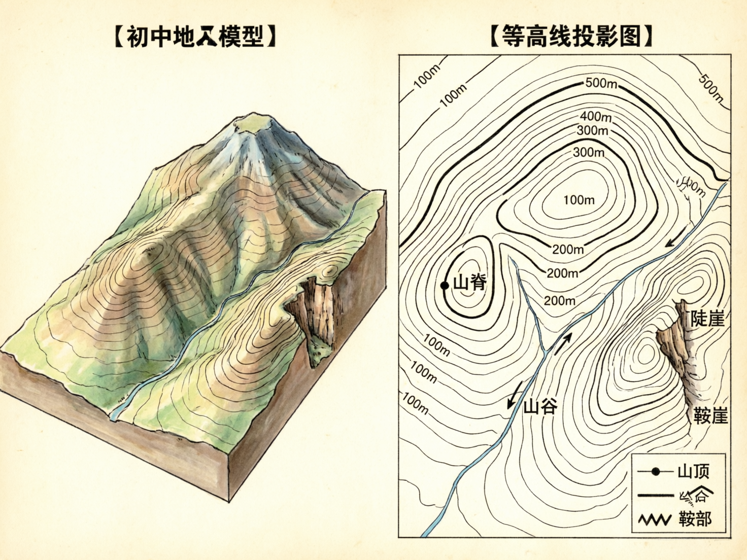 图中展示了一张关于地理教学的对比图，背景为淡黄色的复古纸张质感。左侧是一个手绘风格的山体三维模型，展示了山峰、山谷和陡崖等地形，色调以浅绿、土黄和褐色为主，山间有一条蓝色的小溪流过。右侧是对应的等高线投影平面图，用黑色的线条和数值标注了海拔高度。

画面中存在明显的 AI 生成缺陷：首先是文字错误，左侧标题中的“理”字被误写为一个奇怪的符号，右侧图例中的“等高线”被误写为“绘合”，且出现了“陡崖”与“鞍崖”等不规范词汇。其次，逻辑存在严重偏差，等高线的数值标注极其混乱，例如在山顶高处标注了“100m”，而低处却标注了“500m”，且等高线的走向与左侧的三维模型无法完全对应，部分线条相互交叉或断裂，不符合地理科学常识。此外，右侧平面图中的河流流向与等高线弯曲方向的逻辑也存在矛盾。
