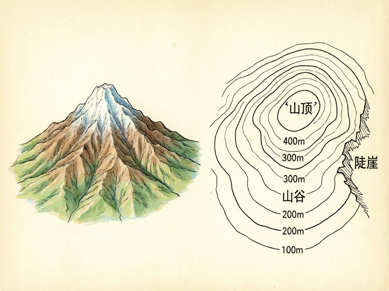 图中展示了一张具有复古纸张质感的地理教学示意图，背景为淡米黄色。画面左侧是一座手绘风格的立体山峰，山顶覆盖着白雪，山坡由上至下呈现出棕褐色到翠绿色的过渡，山脊线条清晰，展现了地形的起伏。画面右侧是与该山峰对应的等高线地形图，由多圈不规则的黑色闭合曲线组成。图中包含中文标注，如“山顶”、“山谷”和“陡崖”，并标有“100m”到“400m”的高度数值。

在 AI 生成的细节方面，存在明显的逻辑错误和缺陷：右侧等高线图的数值标注十分混乱，出现了重复的“300m”和“200m”，且数值的排列顺序不符合海拔递增或递减的地理规律。此外，“山顶”二字的引号样式奇特，右侧“陡崖”处的线条交织显得杂乱且不自然，未能准确模拟真实地图的严谨性。