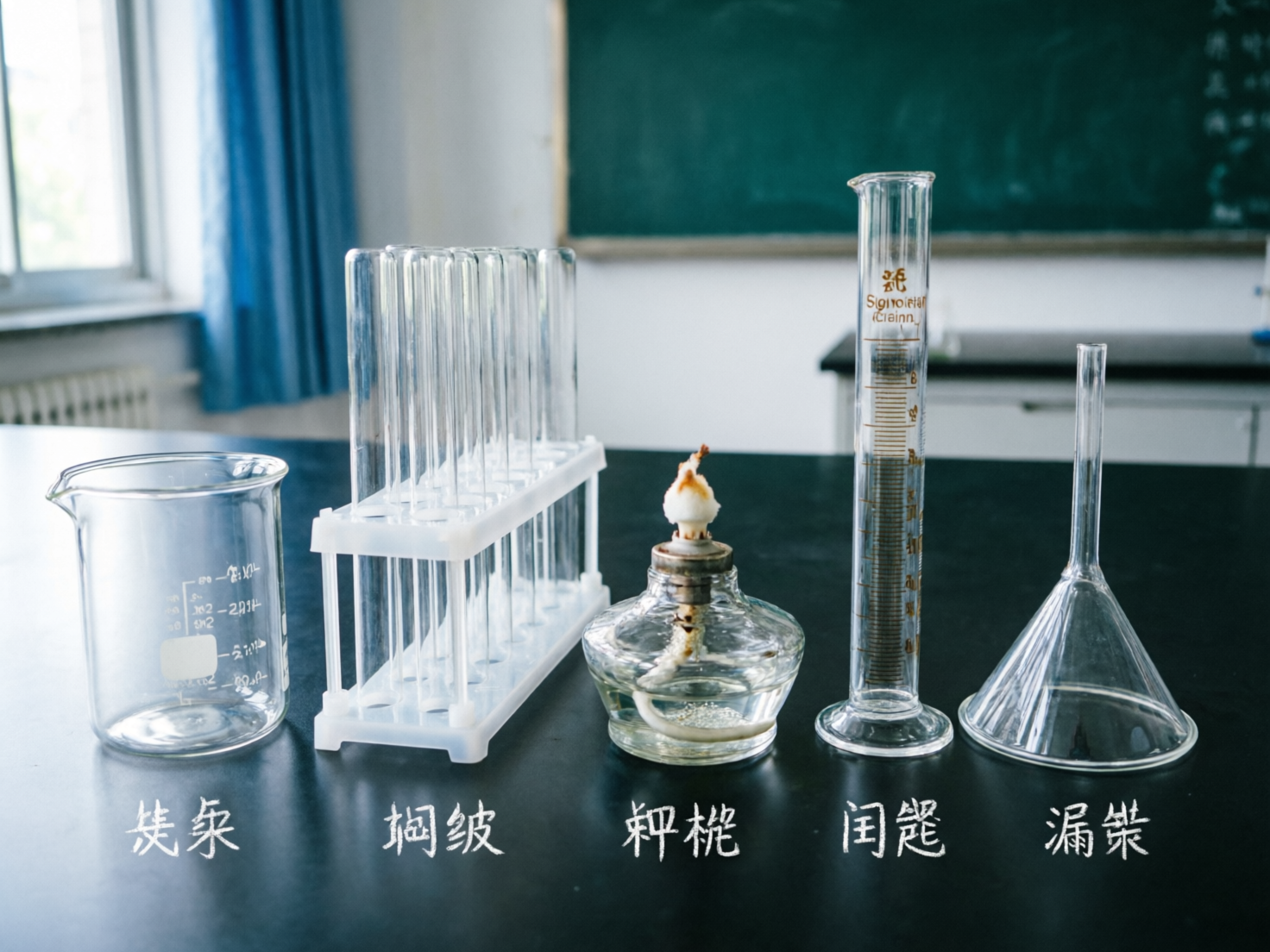 图中展示了一个明亮的实验室场景，黑色实验台上整齐排列着五组玻璃仪器。从左至右依次是一个烧杯、一排插在白色架子上的试管、一盏装有透明液体的酒精灯、一个带有刻度的量筒以及一个漏斗。背景是模糊的教室环境，可以看到蓝色的窗帘和一块写有粉笔字的绿色黑板。光线从左侧窗户射入，使玻璃器皿显得晶莹剔透。

然而，画面中存在明显的 AI 生成缺陷。最显著的是每个仪器下方对应的白色手写体文字，这些文字虽然看起来像汉字，但实际上全是无法辨认的乱码或错别字，例如“漏斗”被写成了形似“漏紫”的错误字符。此外，烧杯和量筒上的刻度线模糊且不规范，量筒上方的品牌标识也是无意义的乱码字母。试管架的结构在透视上略显僵硬，部分线条衔接不够自然，体现了典型的 AI 逻辑错误。
