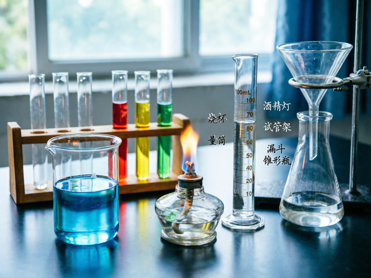 图中展示了一个实验室桌面，上面整齐排列着各种玻璃实验仪器，背景是明亮的窗户，整体色调清新。画面左侧是一个木制试管架，插着六支试管，其中三支分别装有红、黄、绿色的液体；前方是一个盛有蓝色液体的烧杯。中心位置是一盏点燃的酒精灯，火苗呈橙蓝色。右侧立着一个装有透明液体的量筒，以及一套由铁架台固定的漏斗和锥形瓶组合。画面中漂浮着黑色手写体中文字样，标注着仪器名称。

作为一张 AI 生成的图片，存在明显的逻辑和细节错误：量筒上的刻度数字排列混乱，出现了「100、70、80、60」这样不符合逻辑的降序和跳跃；漏斗的下端管部悬空，并没有插入下方的锥形瓶口中，而是偏向了一侧；酒精灯的灯芯结构模糊，火苗与灯头的连接处缺乏真实的物理质感；此外，背景窗框的线条在穿过玻璃仪器时出现了轻微的折射扭曲异常。